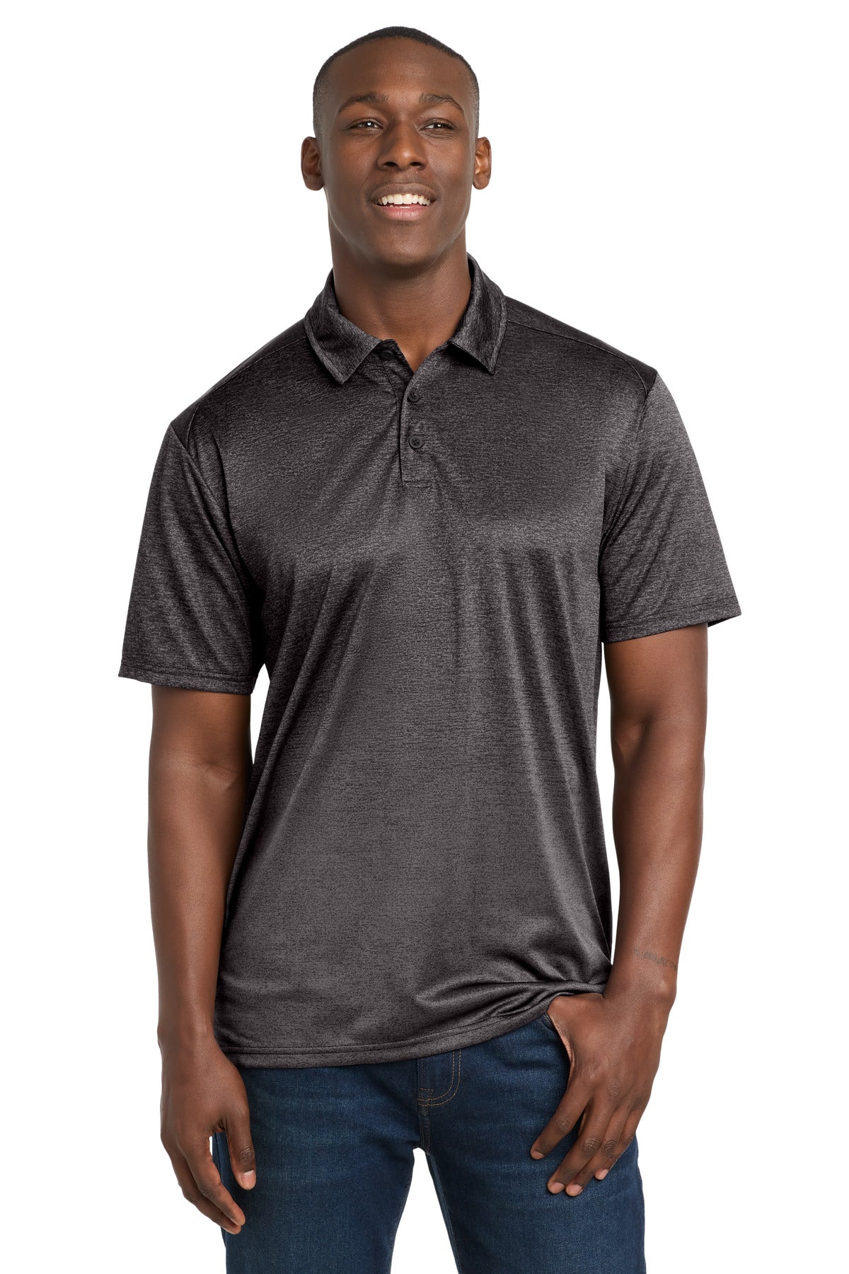 Custom Iron Grey/ Black Ombre Heather Polo ST671, personalized by SanCanDo Swag in Argyle, TX