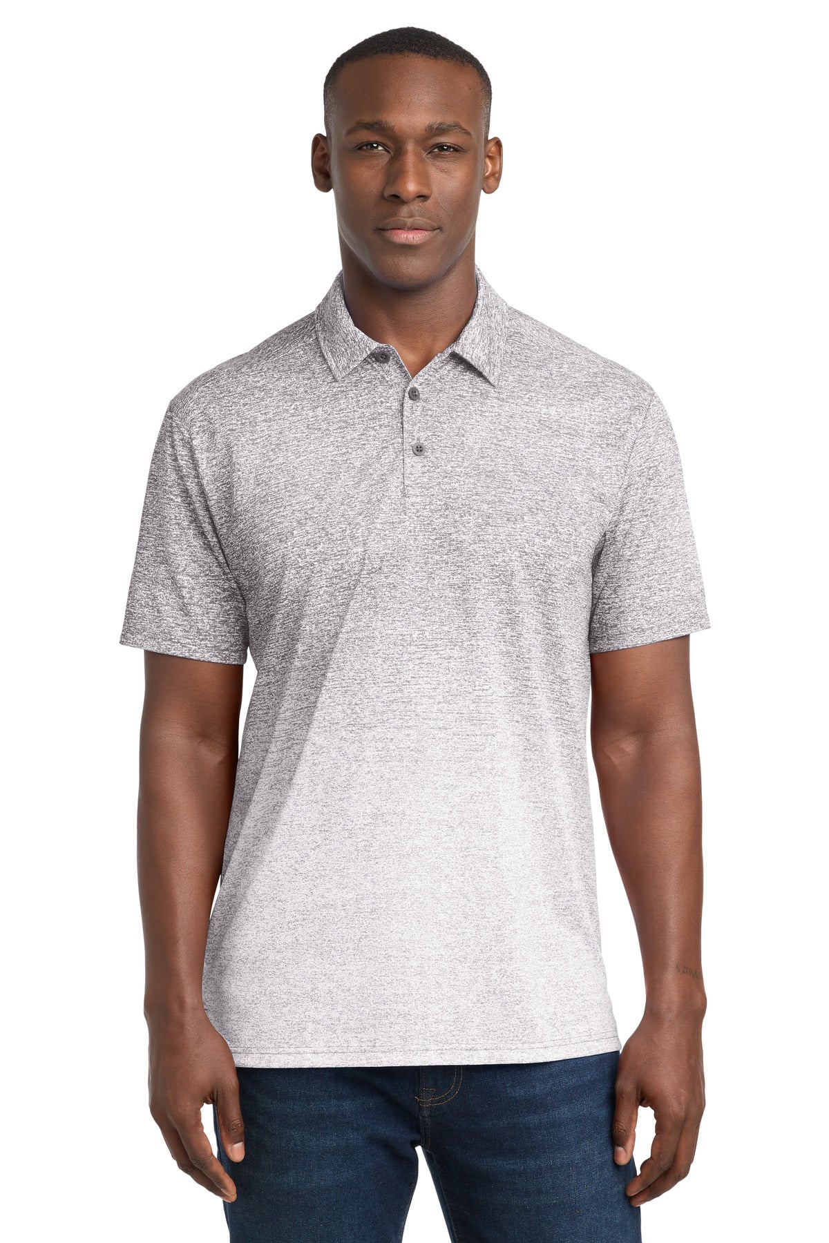 Custom White/ Graphite Ombre Heather Polo ST671, personalized by SanCanDo Swag in Argyle, TX
