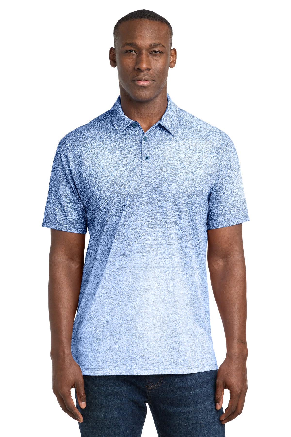 Custom White/ True Royal Ombre Heather Polo ST671, personalized by SanCanDo Swag in Argyle, TX