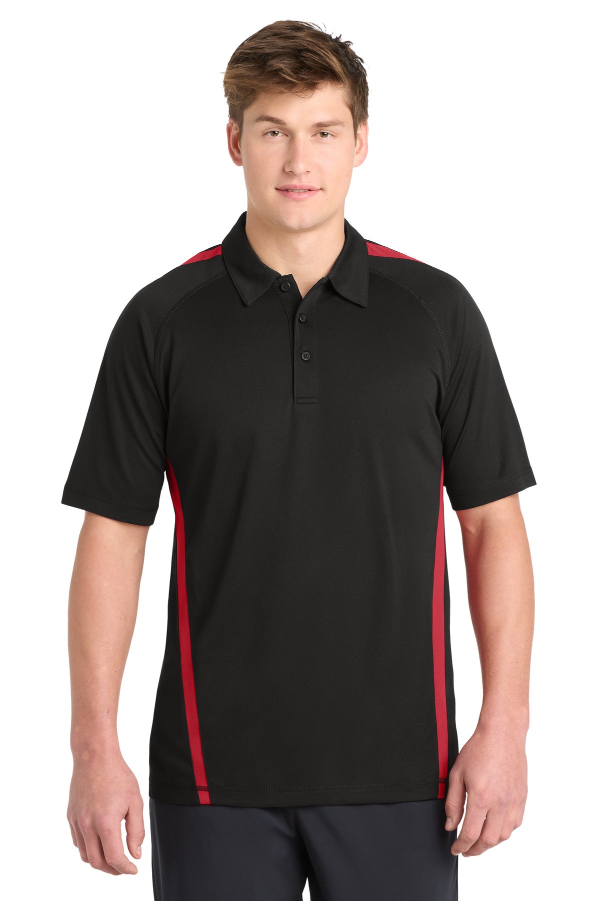 Custom Black/ Red PosiCharge Micro-Mesh Colorblock Polo ST685, personalized by SanCanDo Swag in Argyle, TX