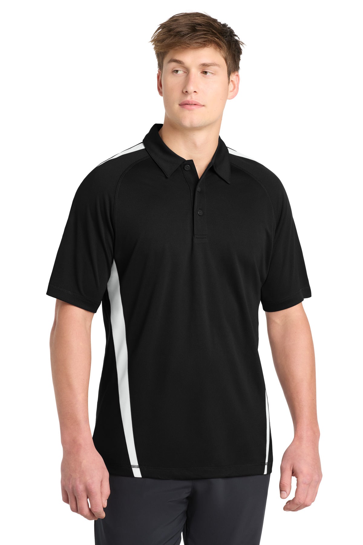 Custom Black/ White PosiCharge Micro-Mesh Colorblock Polo ST685, personalized by SanCanDo Swag in Argyle, TX
