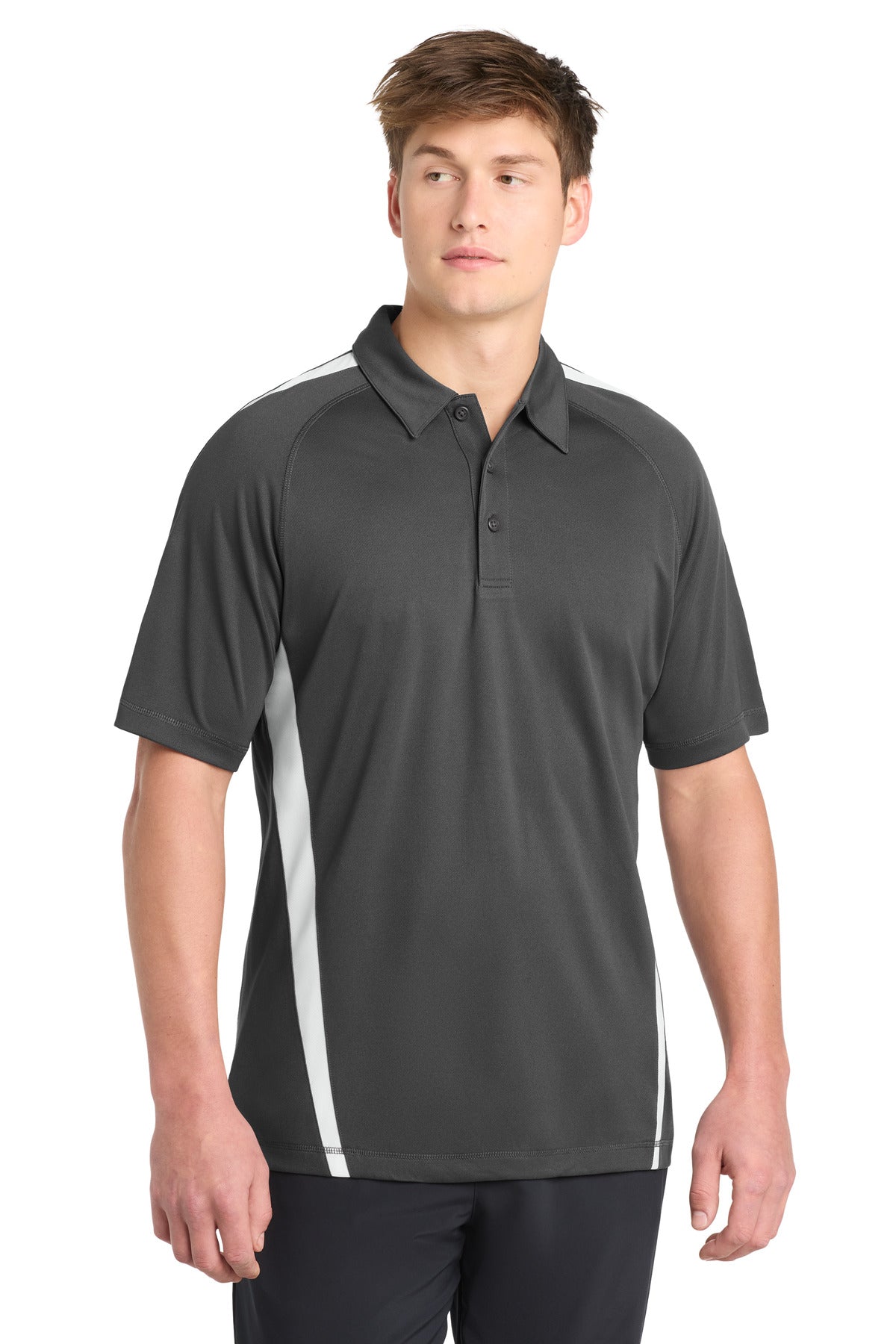 Custom Iron Grey/ White PosiCharge Micro-Mesh Colorblock Polo ST685, personalized by SanCanDo Swag in Argyle, TX