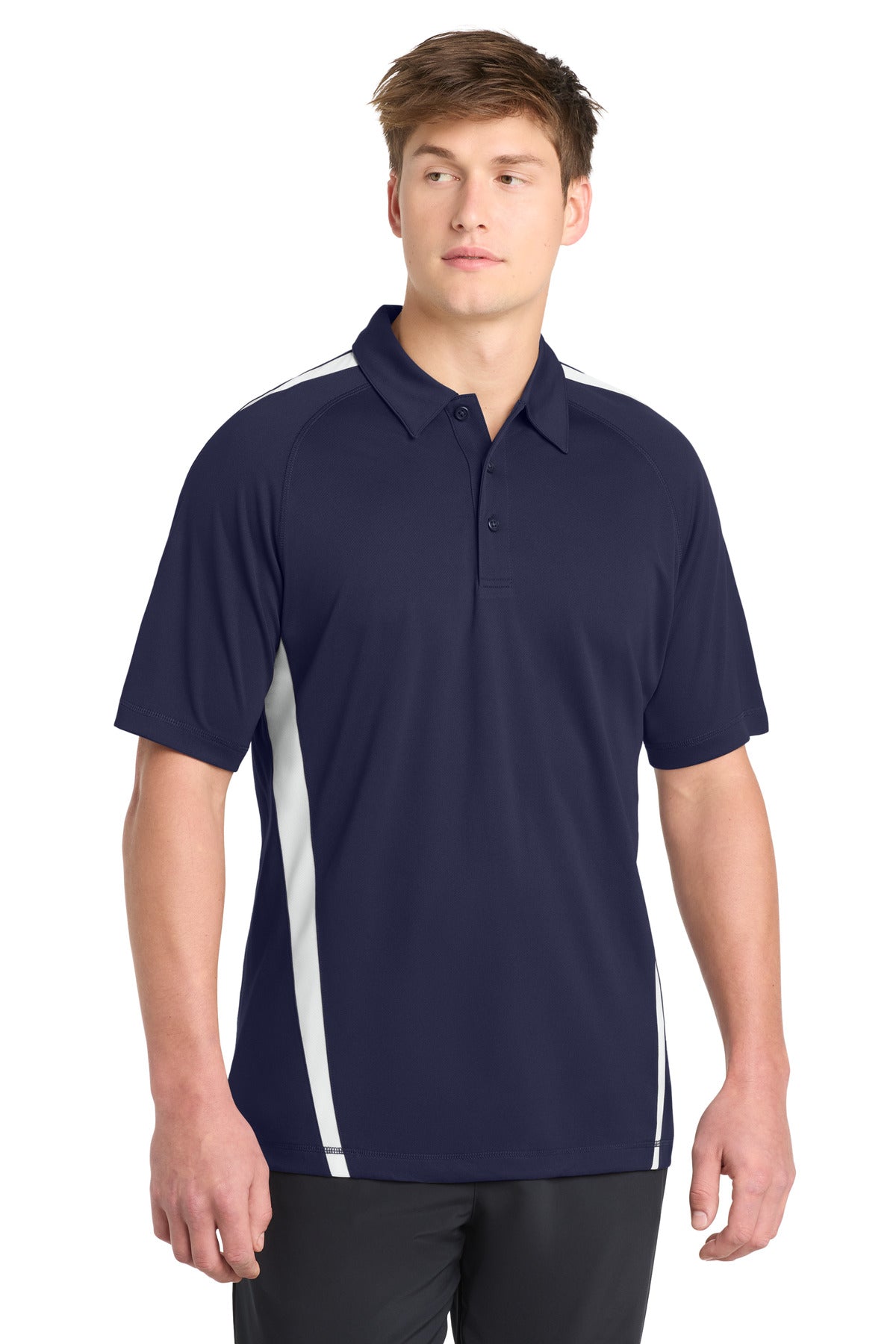 Custom True Navy/ White PosiCharge Micro-Mesh Colorblock Polo ST685, personalized by SanCanDo Swag in Argyle, TX