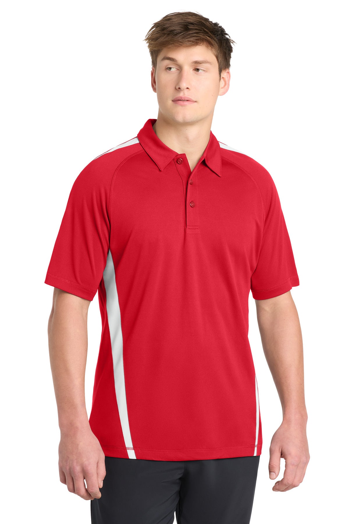 Custom True Red/ White PosiCharge Micro-Mesh Colorblock Polo ST685, personalized by SanCanDo Swag in Argyle, TX