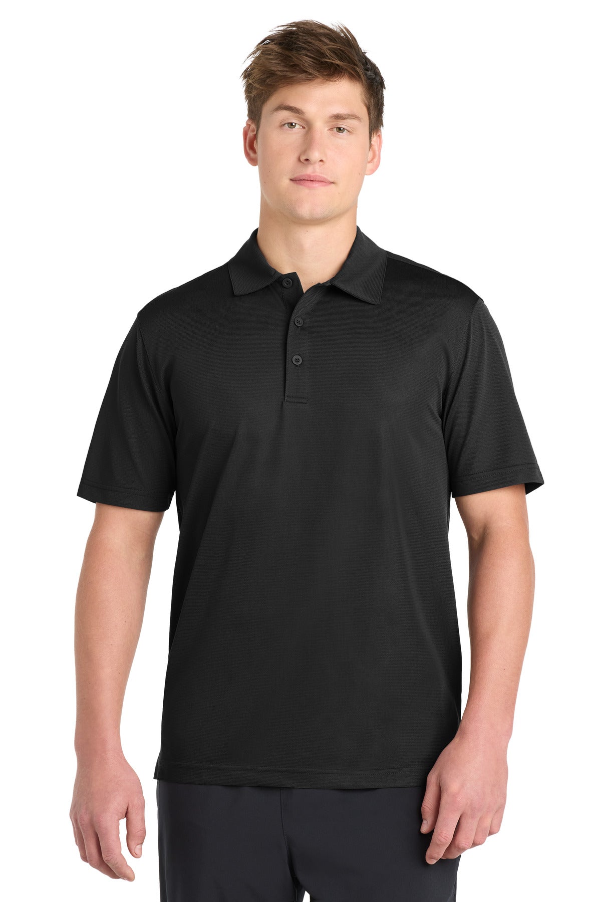 Custom Black PosiCharge Active Textured Polo ST690, personalized by SanCanDo Swag in Argyle, TX