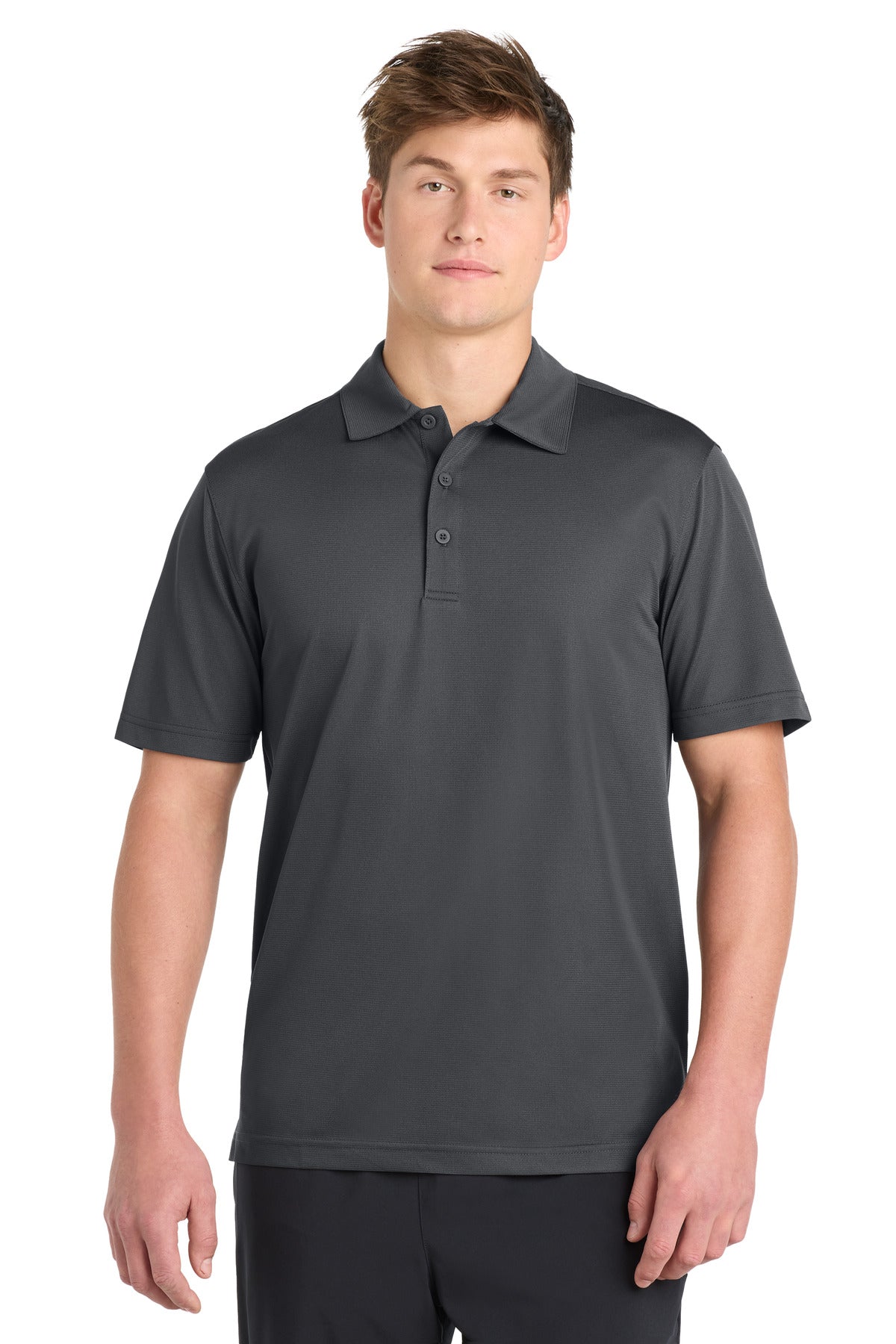 Custom Iron Grey PosiCharge Active Textured Polo ST690, personalized by SanCanDo Swag in Argyle, TX