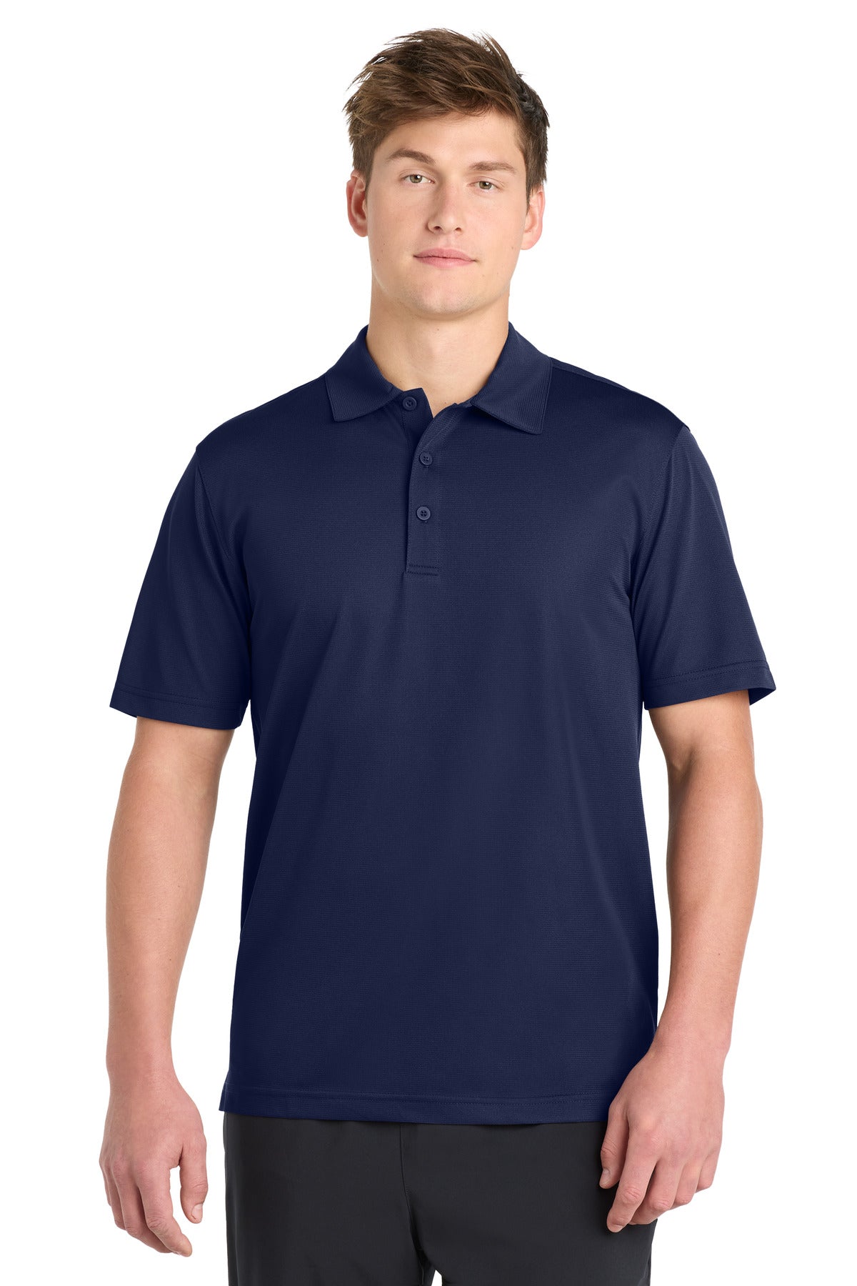 Custom True Navy PosiCharge Active Textured Polo ST690, personalized by SanCanDo Swag in Argyle, TX