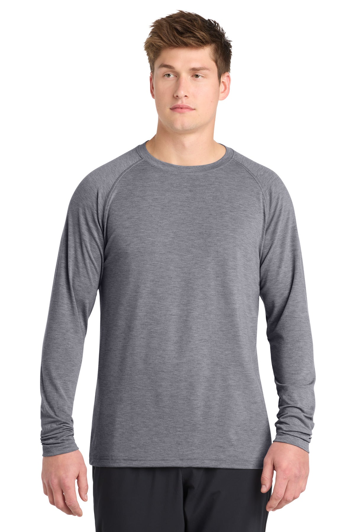 Custom Heather Grey Long Sleeve Ultimate Performance Crew ST700LS, personalized by SanCanDo Swag in Argyle, TX