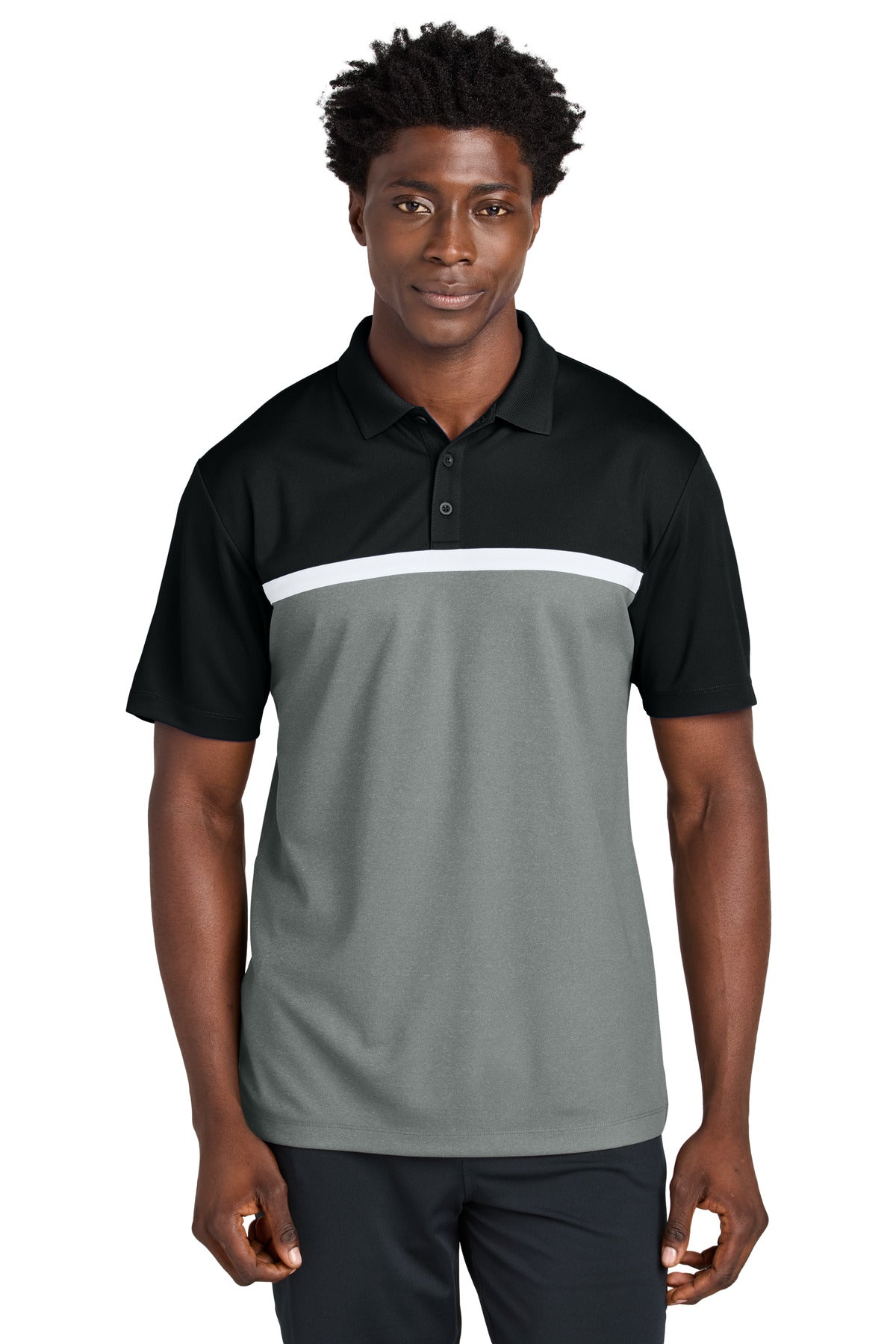 Custom Black/ Grey Concrete Heather/ White UV Micropique Colorblock Polo ST741, personalized by SanCanDo Swag in Argyle, TX