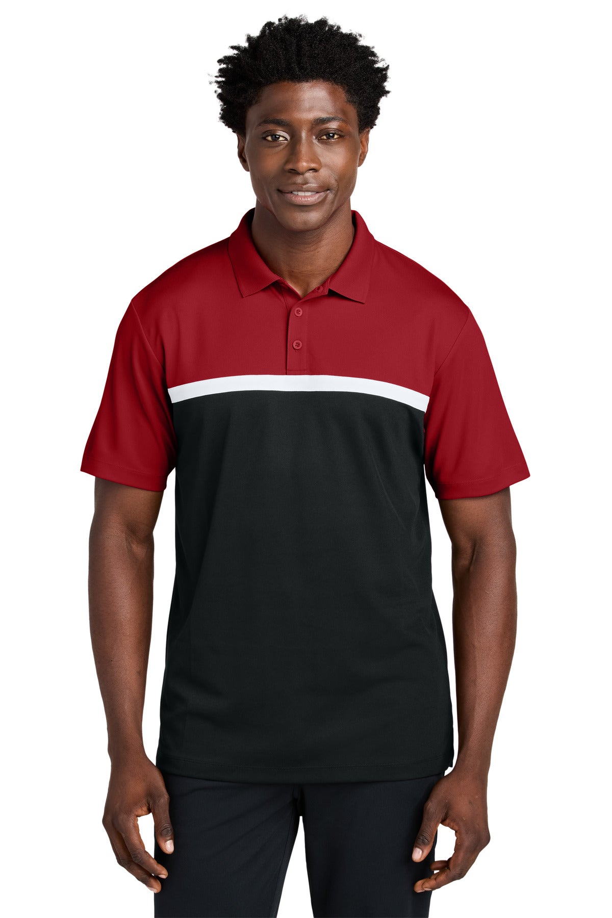 Custom Deep Red/ Black/ White UV Micropique Colorblock Polo ST741, personalized by SanCanDo Swag in Argyle, TX