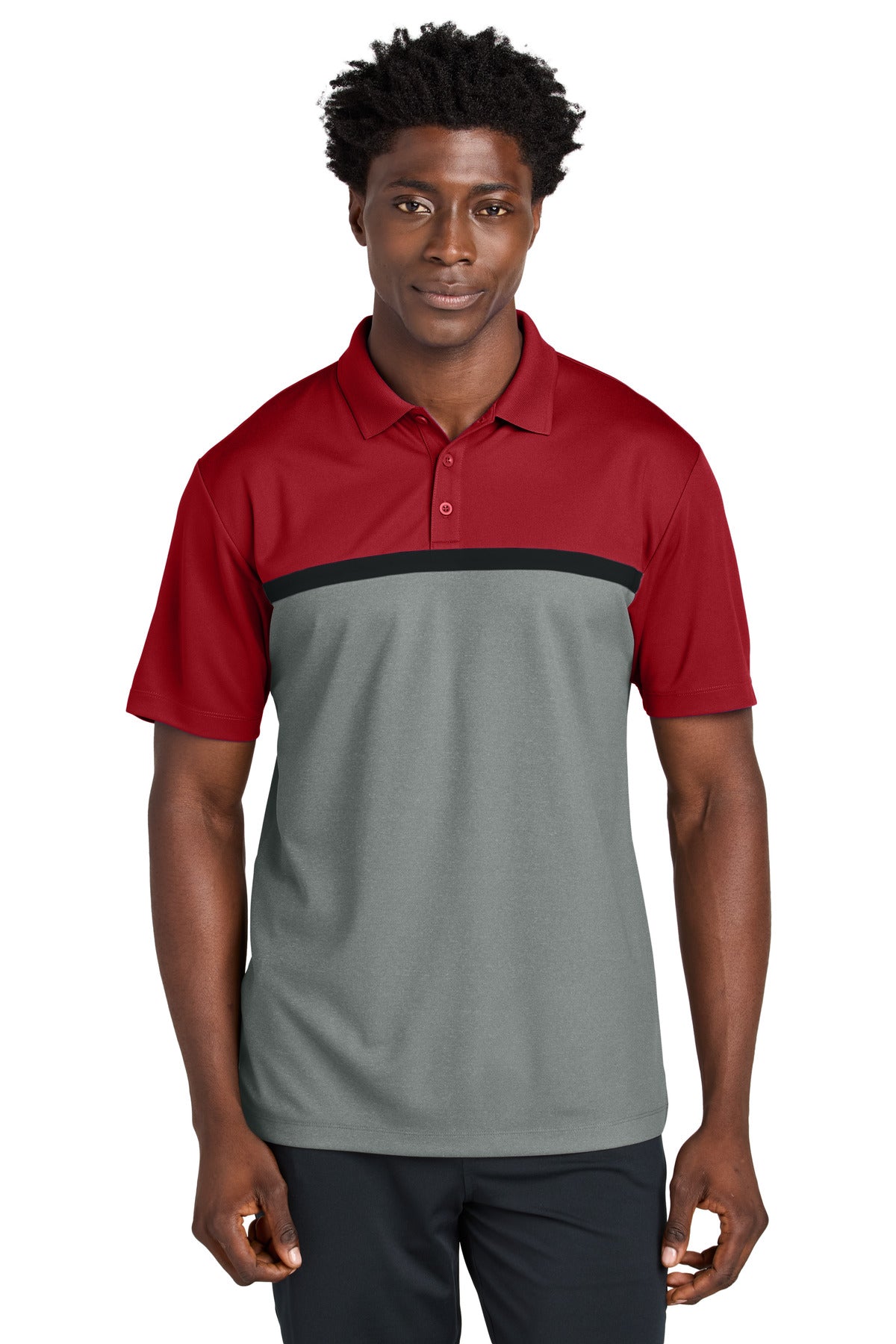 Custom Deep Red/ Grey Concrete Heather/ Black UV Micropique Colorblock Polo ST741, personalized by SanCanDo Swag in Argyle, TX