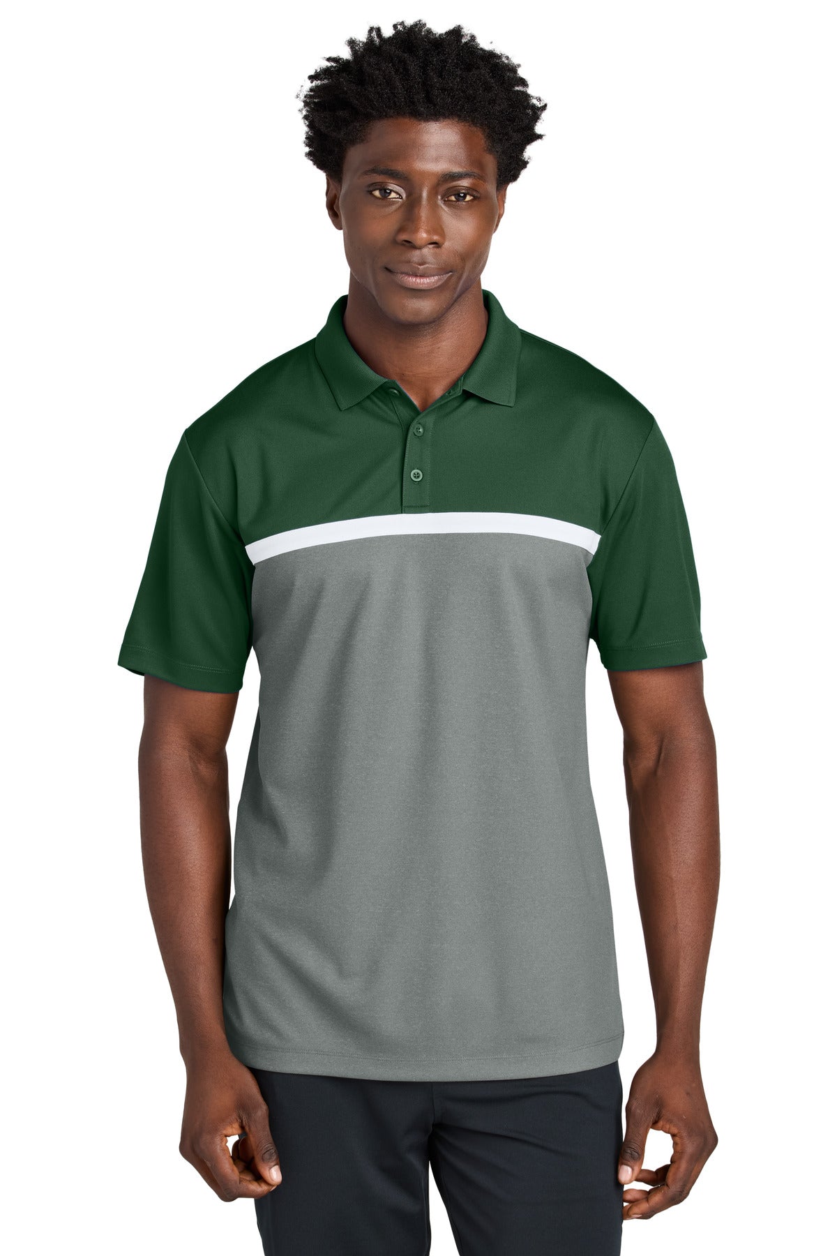 Custom Forest Green/ Grey Concrete Heather/ White UV Micropique Colorblock Polo ST741, personalized by SanCanDo Swag in Argyle, TX