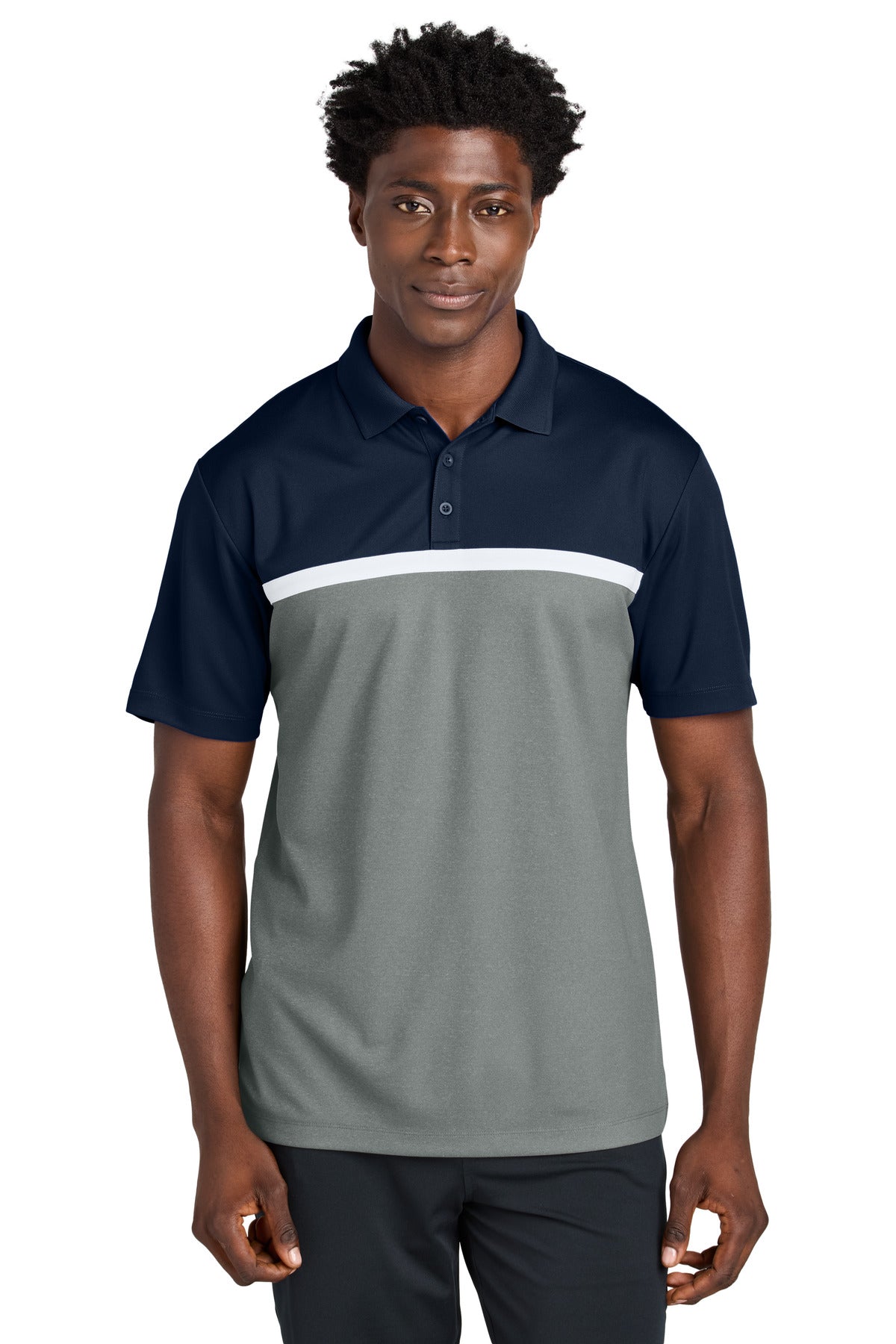 Custom True Navy/ Grey Concrete Heather/ White UV Micropique Colorblock Polo ST741, personalized by SanCanDo Swag in Argyle, TX