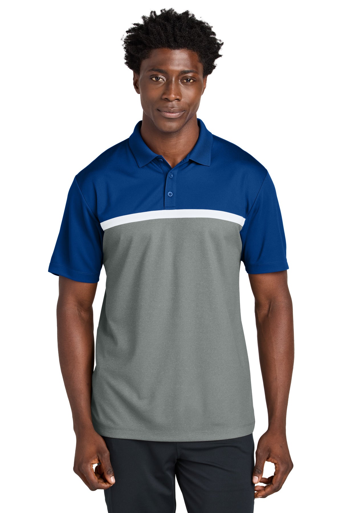 Custom True Royal/ Grey Concrete Heather/ White UV Micropique Colorblock Polo ST741, personalized by SanCanDo Swag in Argyle, TX