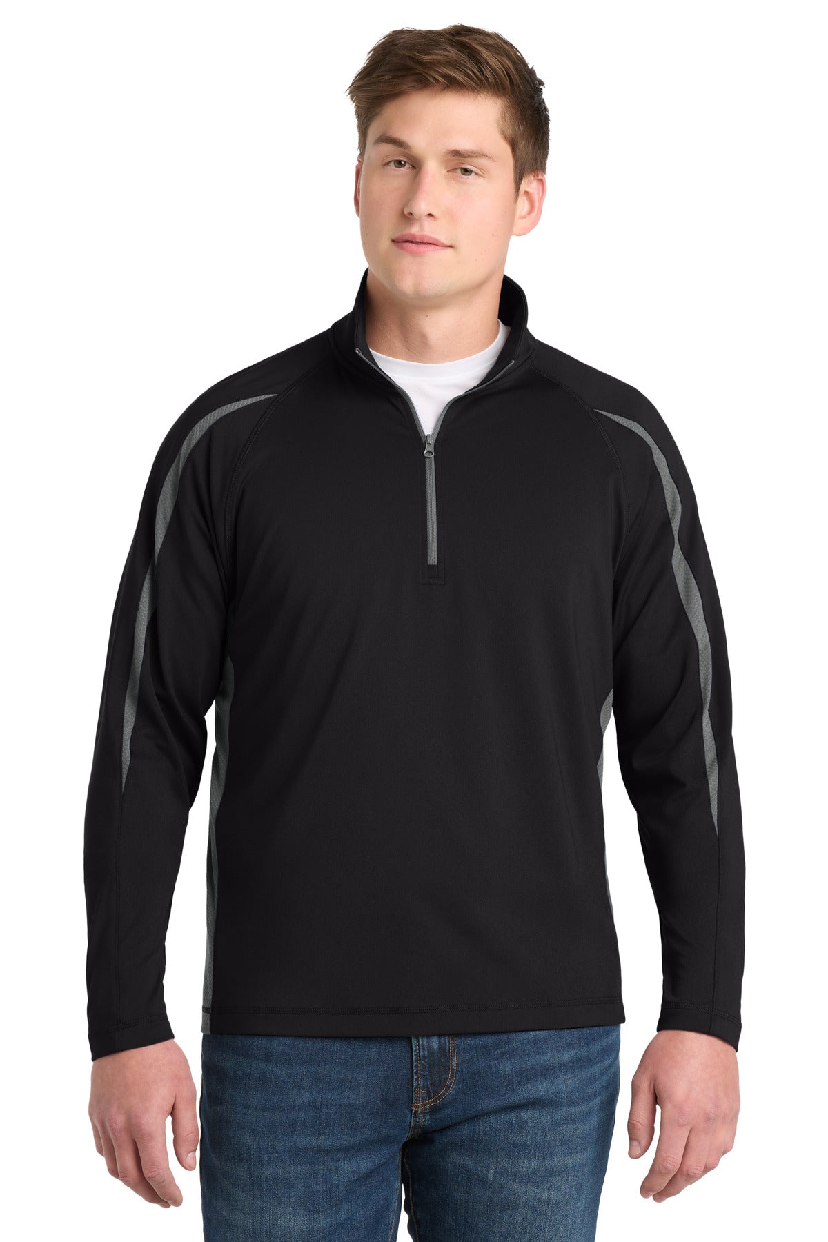 Custom Black/ Charcoal Grey Stretch 1/4-Zip Colorblock Pullover ST851, personalized by SanCanDo Swag in Argyle, TX
