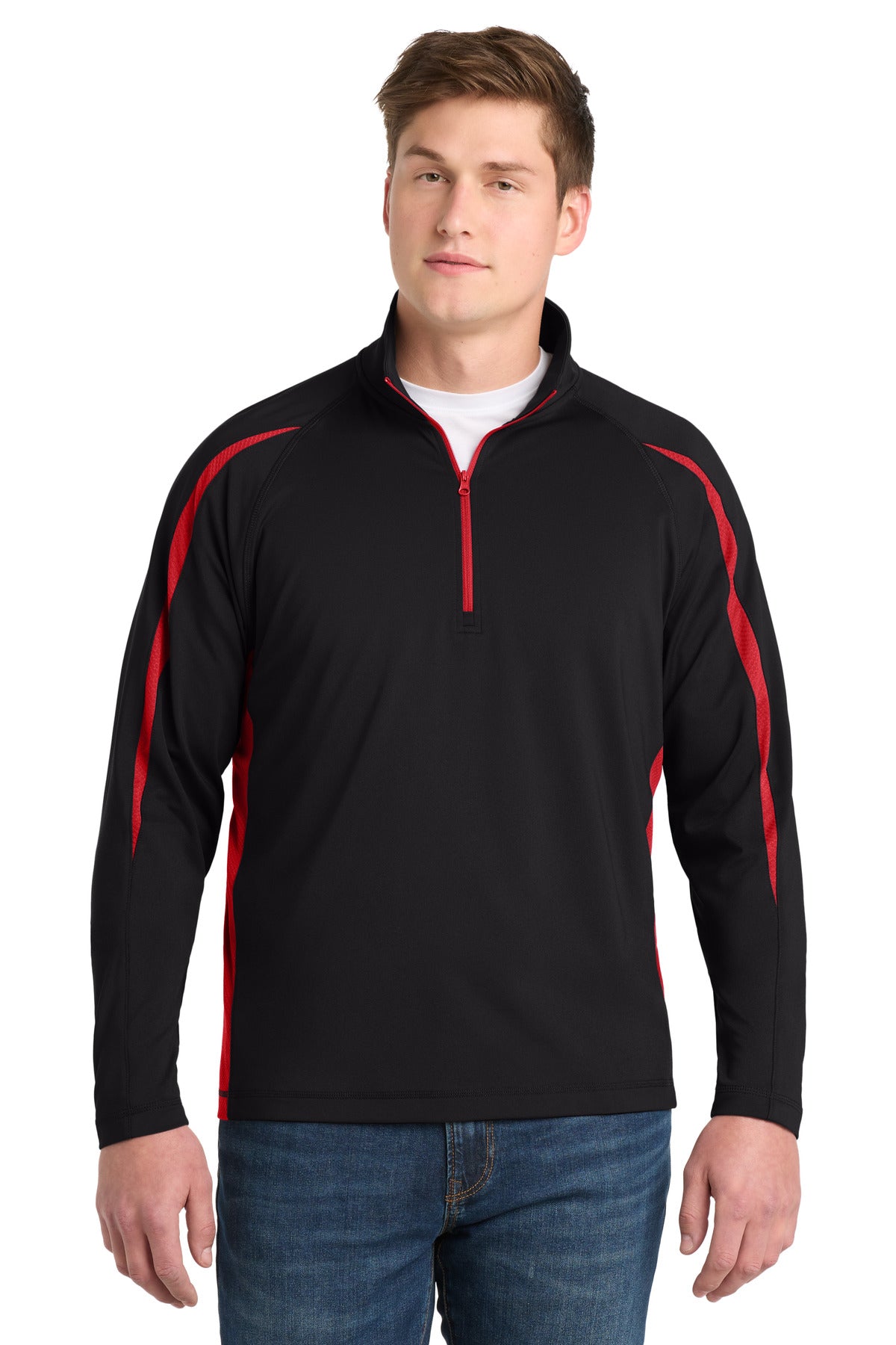 Custom Black/ True Red Stretch 1/4-Zip Colorblock Pullover ST851, personalized by SanCanDo Swag in Argyle, TX