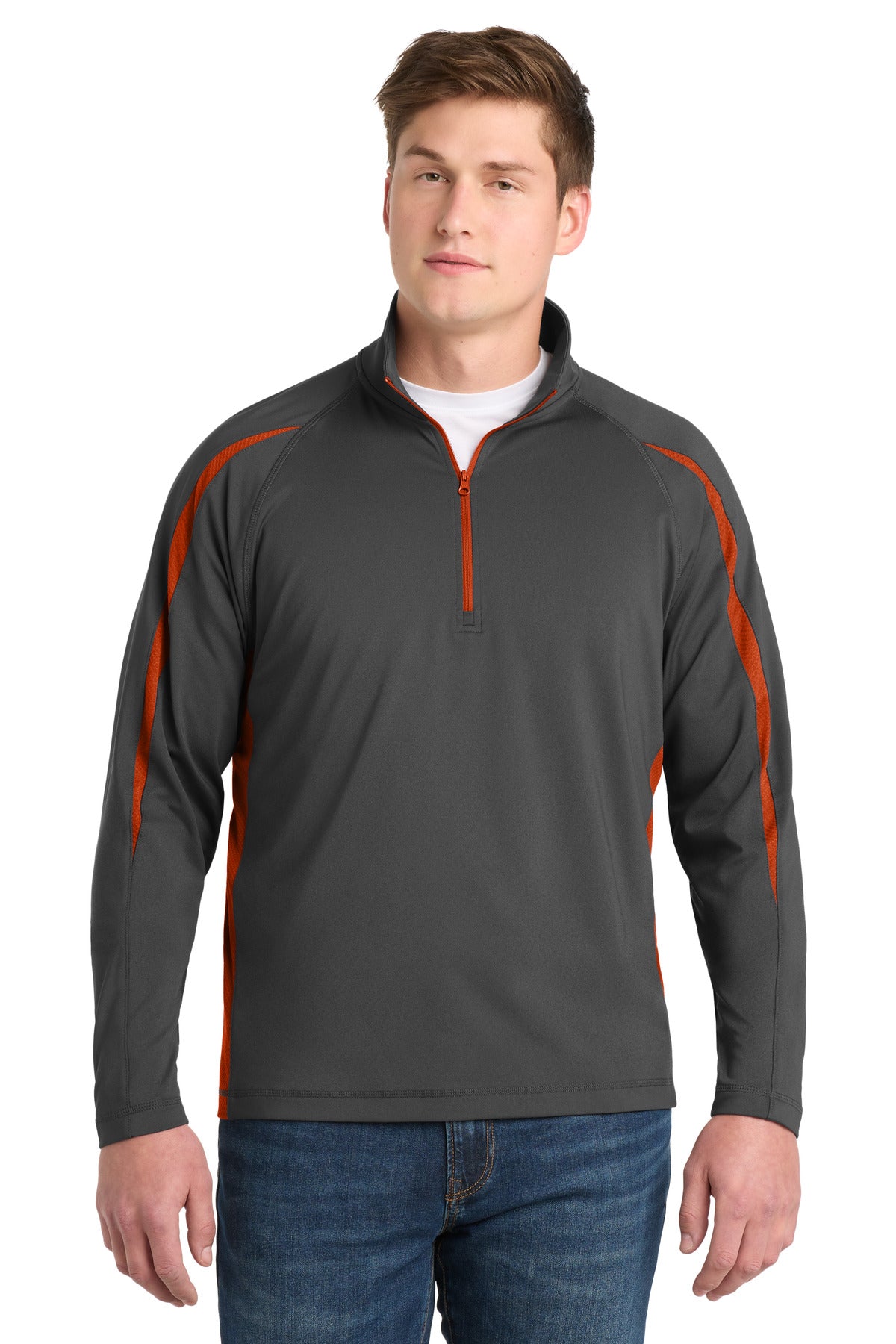 Custom Charcoal Grey/ Deep Orange Stretch 1/4-Zip Colorblock Pullover ST851, personalized by SanCanDo Swag in Argyle, TX