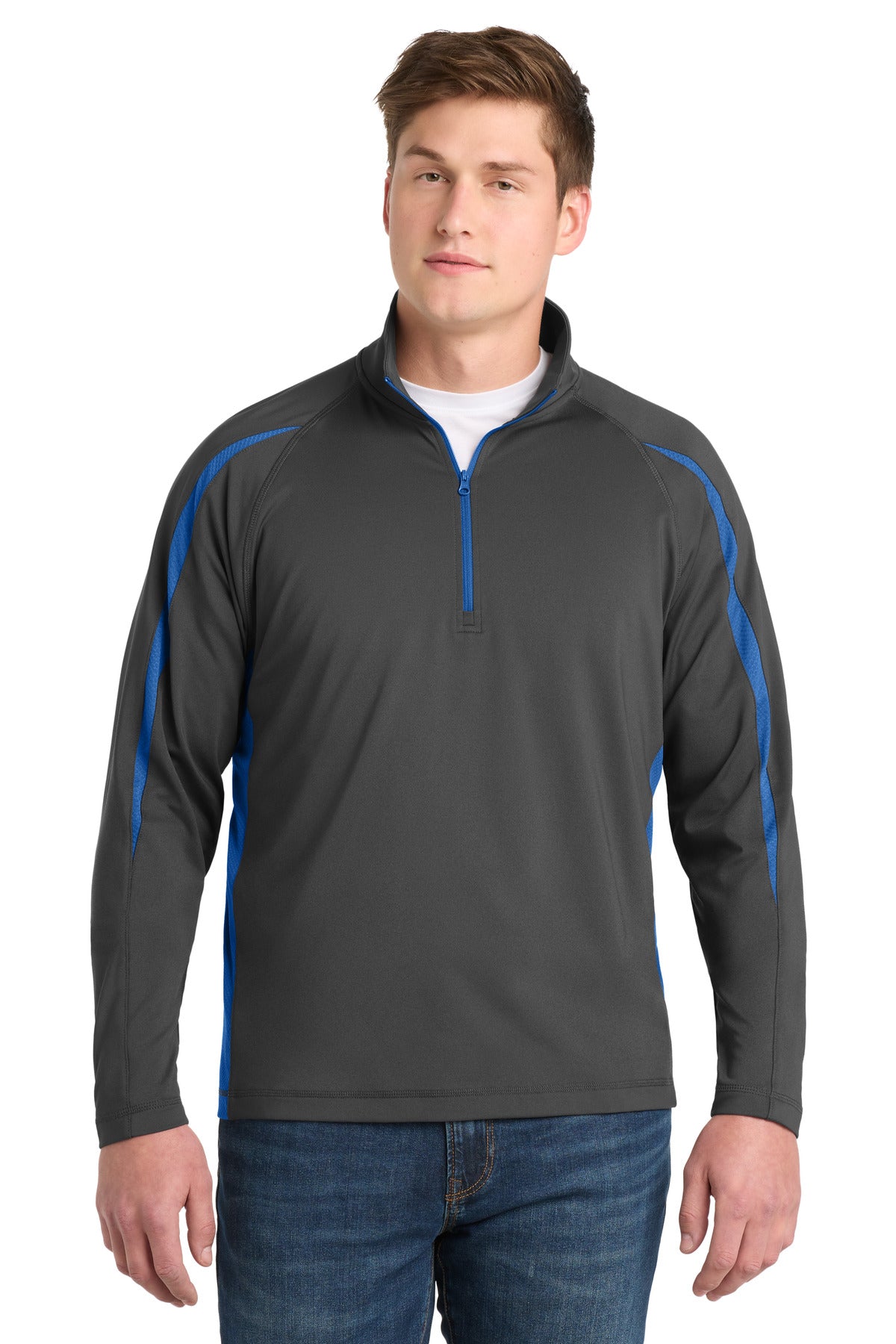 Custom Charcoal Grey/ True Royal Stretch 1/4-Zip Colorblock Pullover ST851, personalized by SanCanDo Swag in Argyle, TX