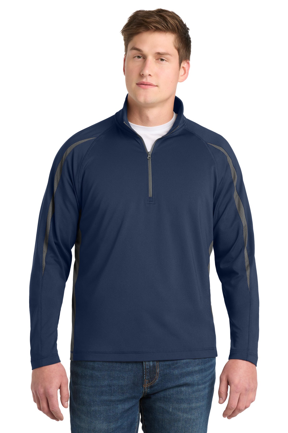 Custom True Navy/ Charcoal Grey Stretch 1/4-Zip Colorblock Pullover ST851, personalized by SanCanDo Swag in Argyle, TX