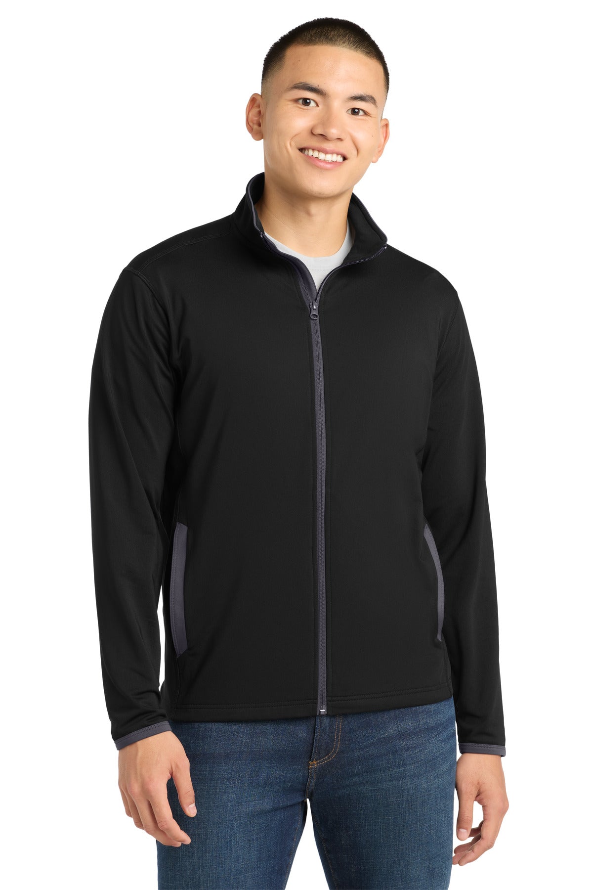 Custom Black/ Charcoal Grey Stretch Contrast Full-Zip Jacket ST853, personalized by SanCanDo Swag in Argyle, TX
