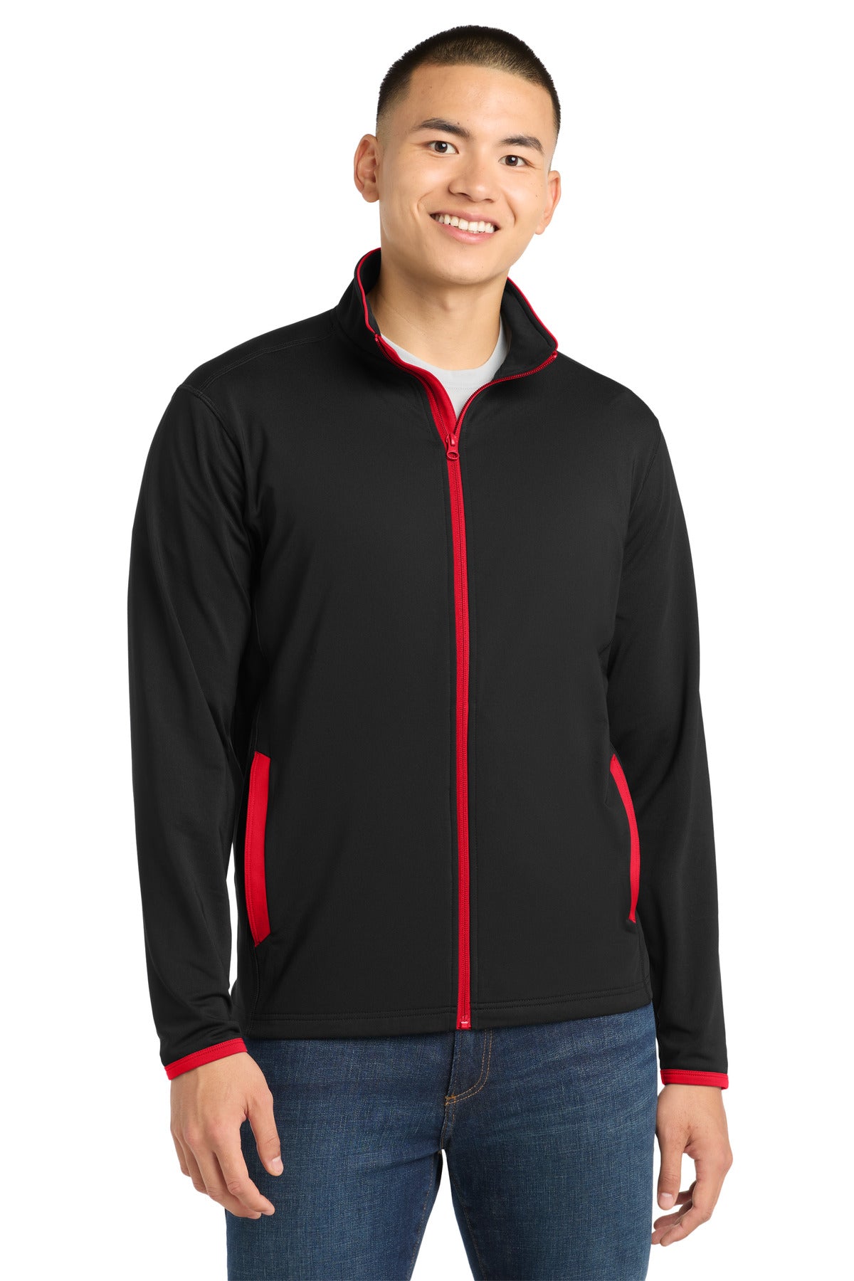 Custom Black/ True Red Stretch Contrast Full-Zip Jacket ST853, personalized by SanCanDo Swag in Argyle, TX