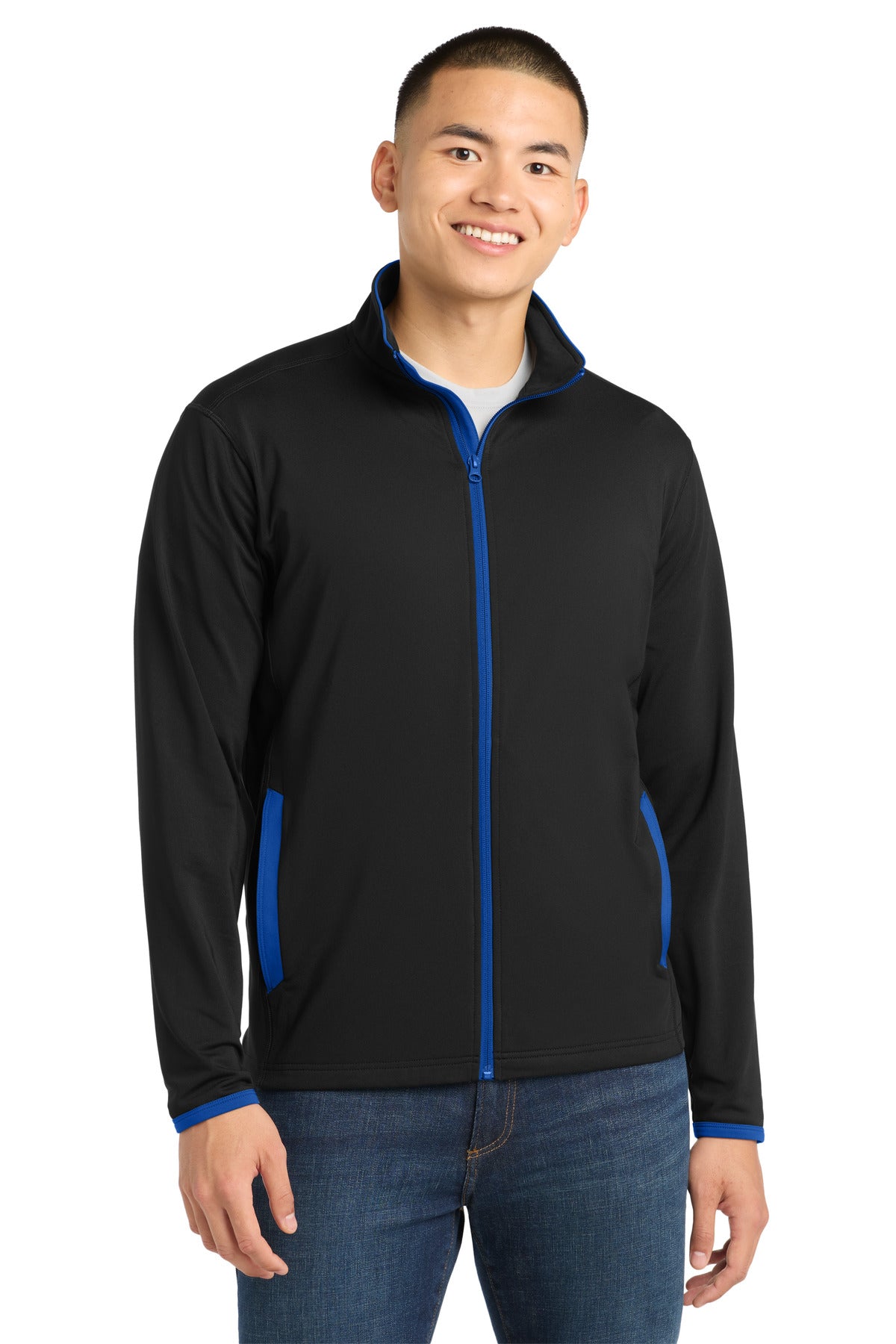 Custom Black/ True Royal Stretch Contrast Full-Zip Jacket ST853, personalized by SanCanDo Swag in Argyle, TX