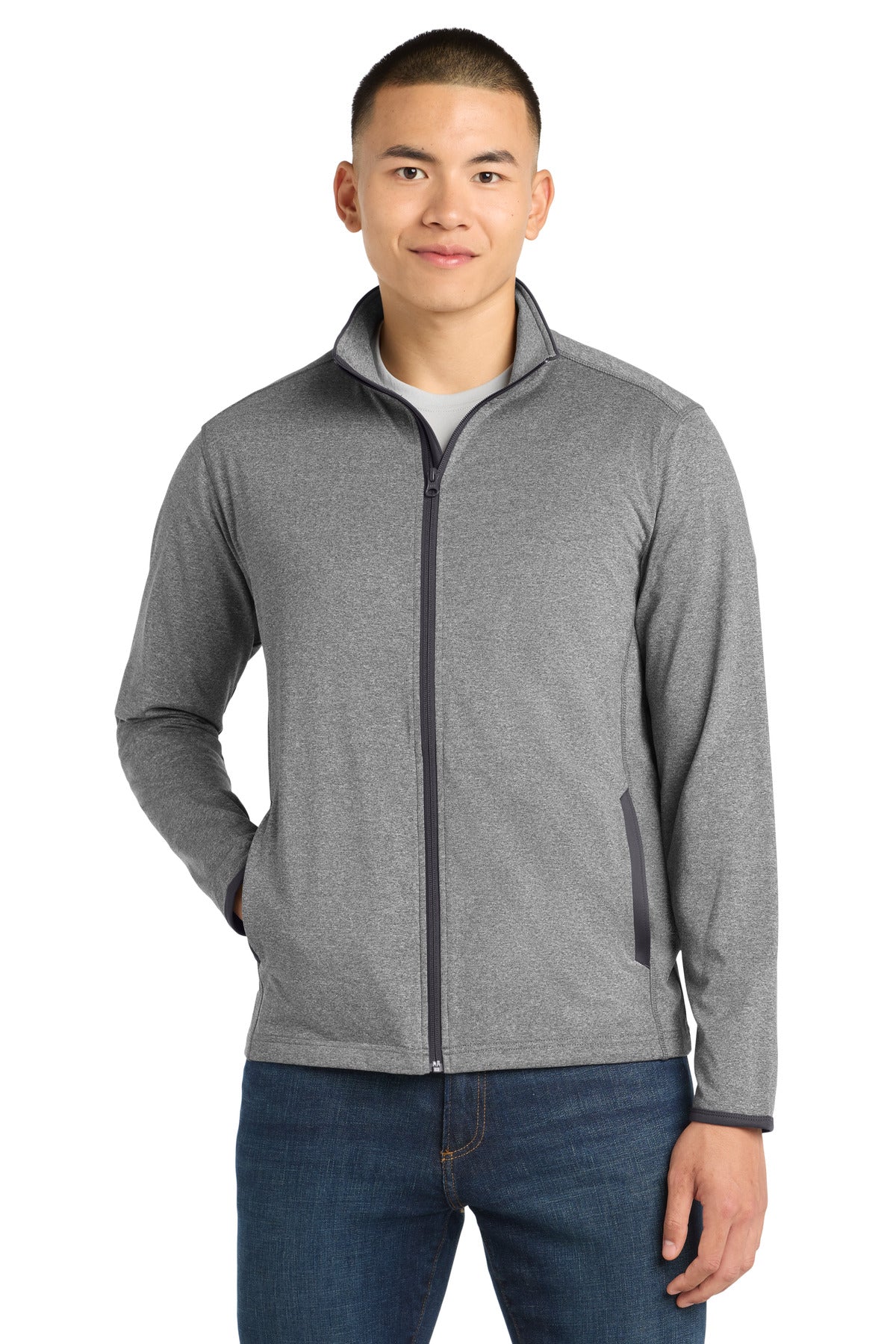 Custom Charcoal Grey Heather/ Charcoal Grey Stretch Contrast Full-Zip Jacket ST853, personalized by SanCanDo Swag in Argyle, TX