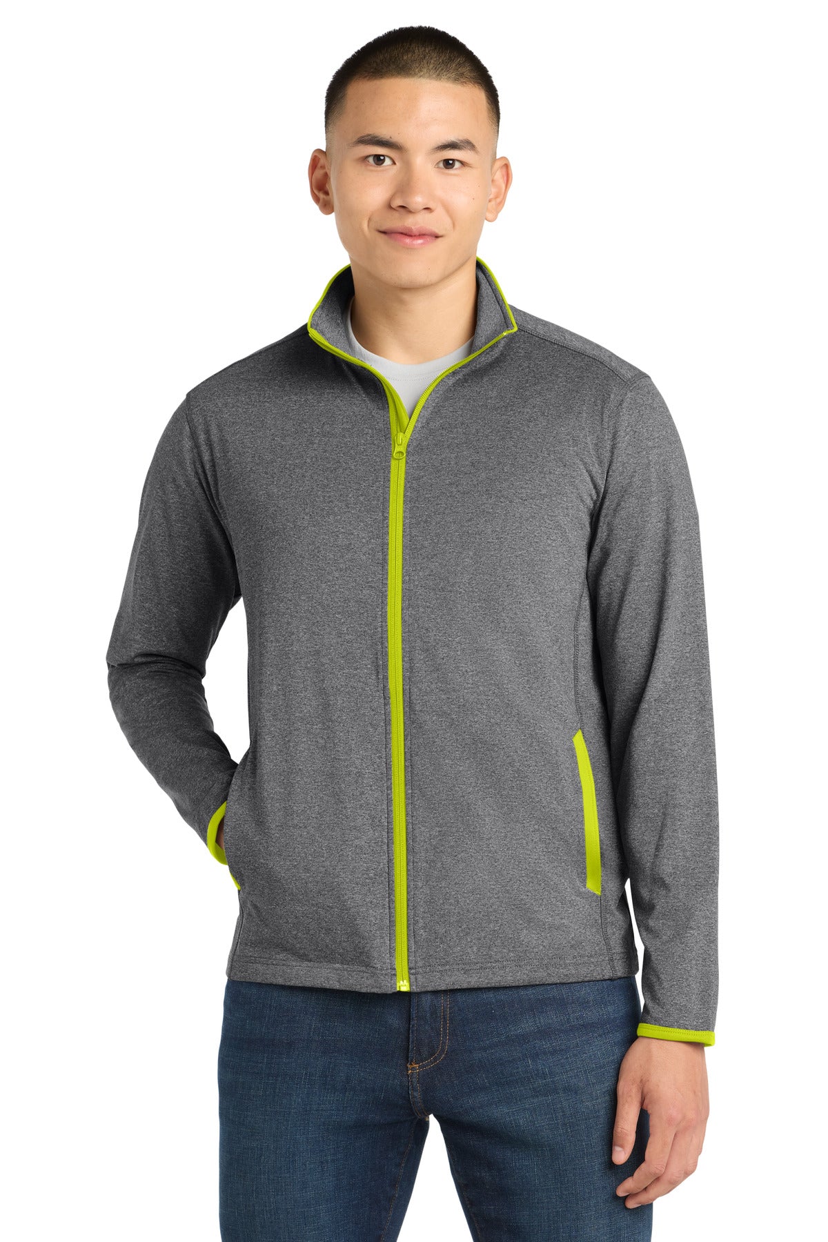 Custom Charcoal Grey Heather/ Charge Green Stretch Contrast Full-Zip Jacket ST853, personalized by SanCanDo Swag in Argyle, TX