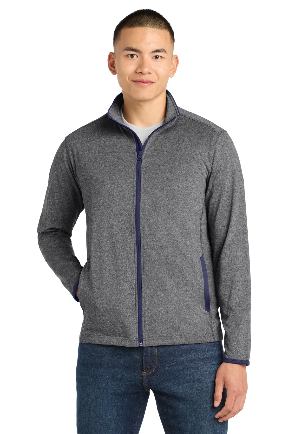 Custom Charcoal Grey Heather/ True Navy Stretch Contrast Full-Zip Jacket ST853, personalized by SanCanDo Swag in Argyle, TX
