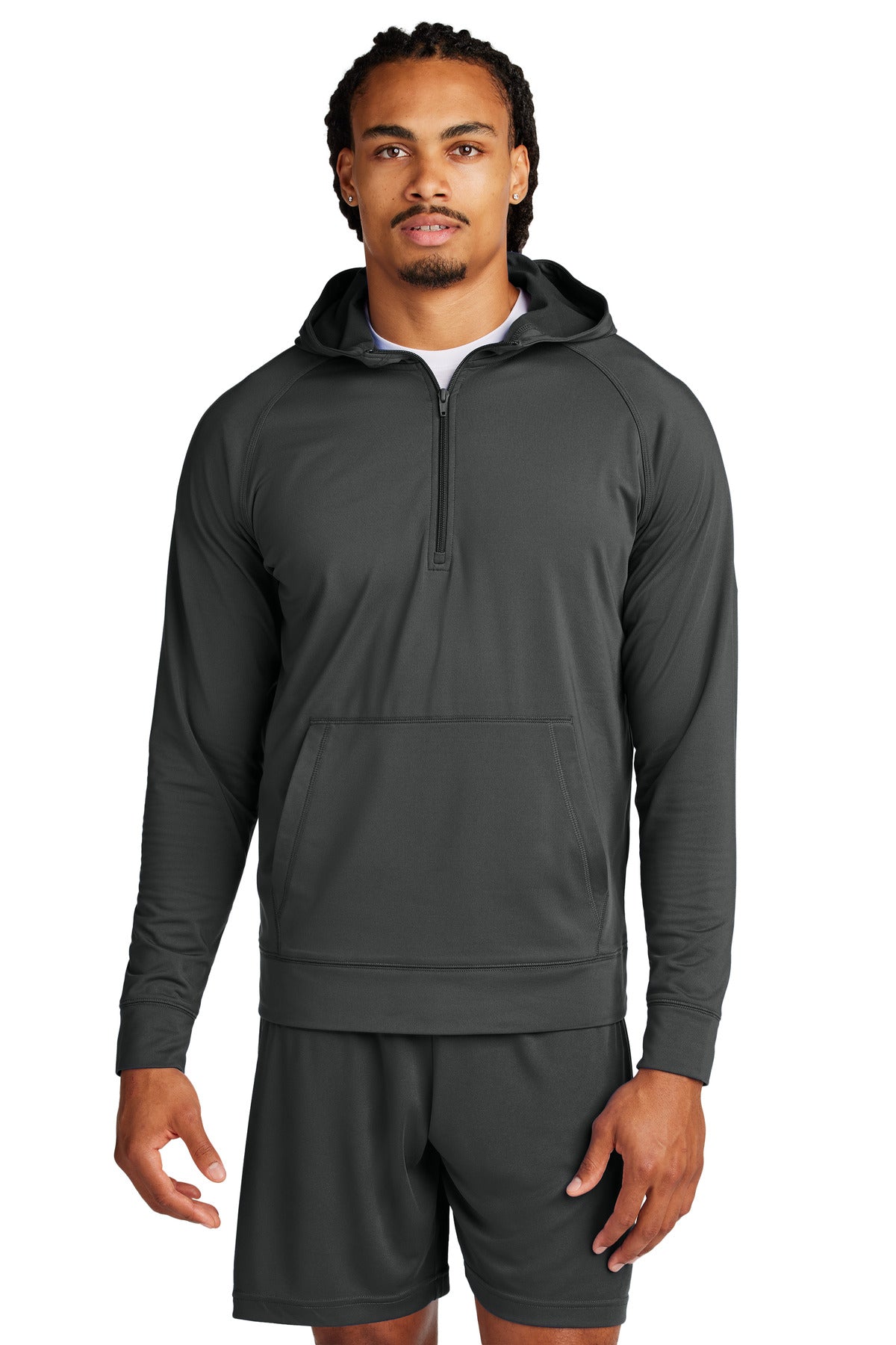 Custom Charcoal Grey Sport-Wick Stretch 1/2-Zip Hoodie ST856, personalized by SanCanDo Swag in Argyle, TX