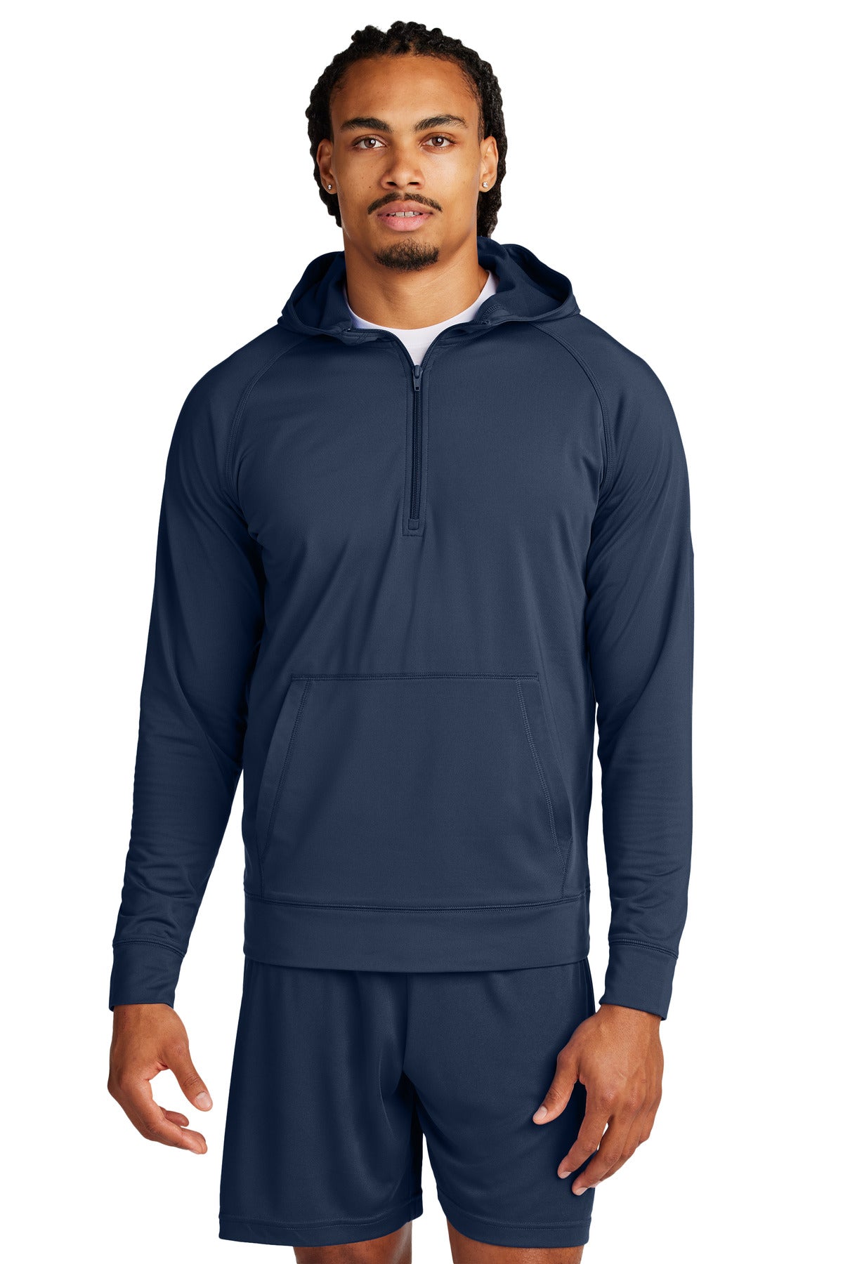 Custom True Navy Sport-Wick Stretch 1/2-Zip Hoodie ST856, personalized by SanCanDo Swag in Argyle, TX