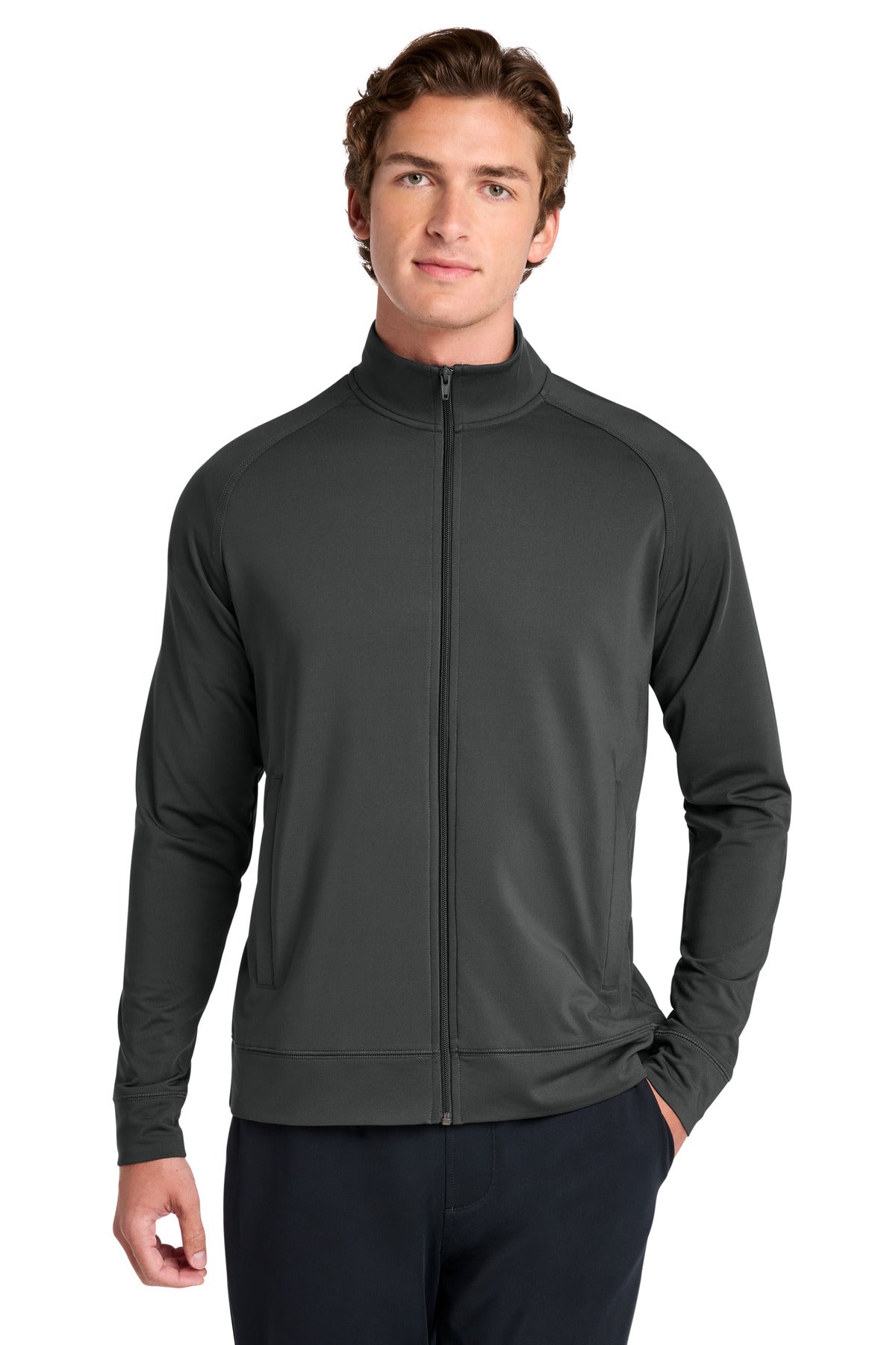 Custom Charcoal Grey Sport-Wick Stretch Full-Zip Cadet Jacket ST857, personalized by SanCanDo Swag in Argyle, TX