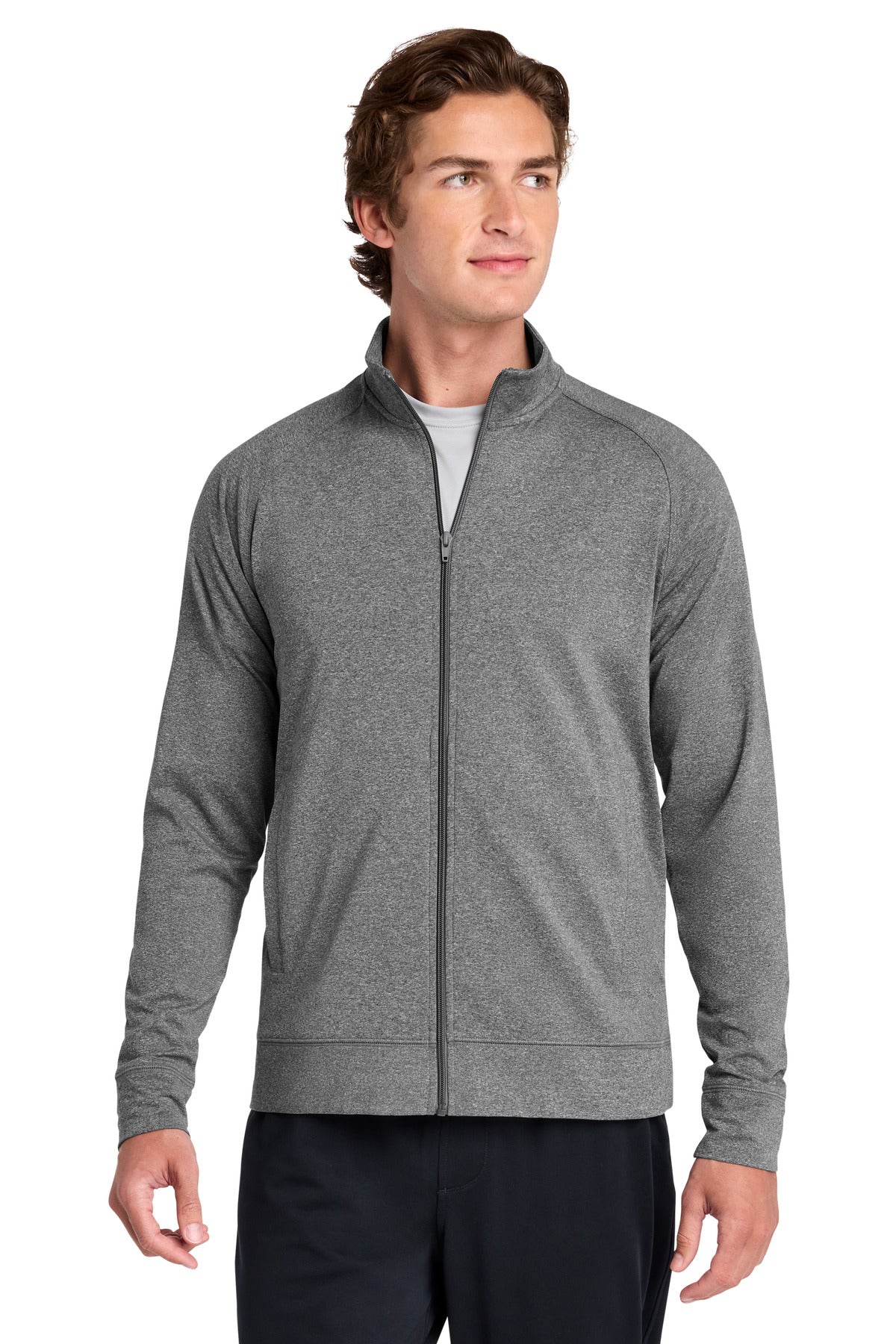 Custom Charcoal Grey Heather Sport-Wick Stretch Full-Zip Cadet Jacket ST857, personalized by SanCanDo Swag in Argyle, TX