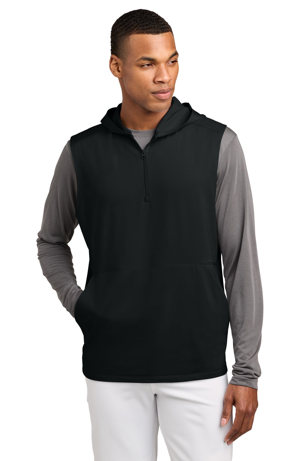 Custom Black Stretch Sleeveless Hooded 1/4-Zip ST858, personalized by SanCanDo Swag in Argyle, TX