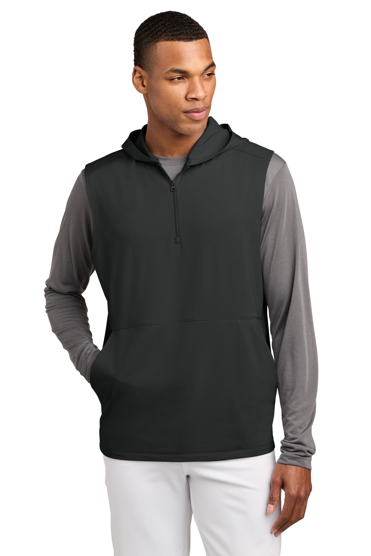 Custom Charcoal Grey Stretch Sleeveless Hooded 1/4-Zip ST858, personalized by SanCanDo Swag in Argyle, TX