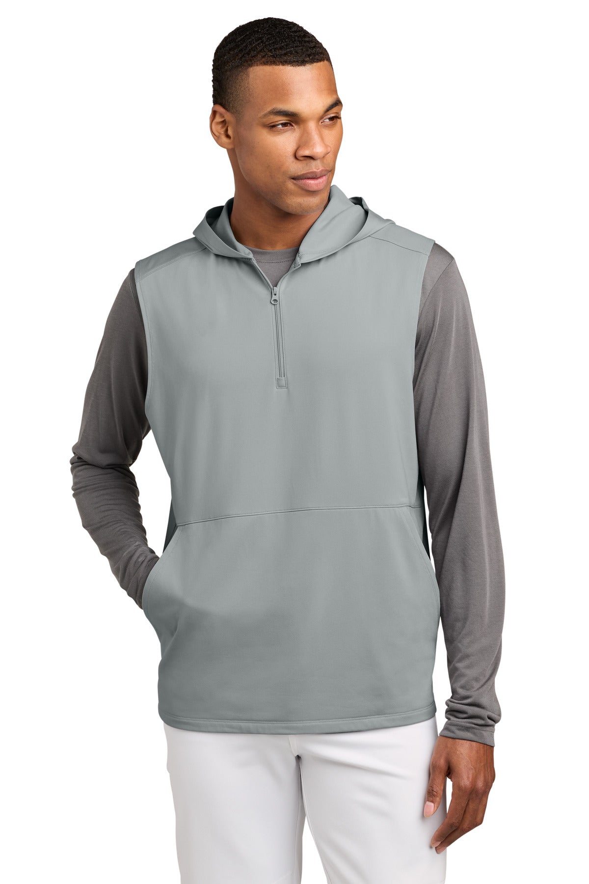 Custom Silver Stretch Sleeveless Hooded 1/4-Zip ST858, personalized by SanCanDo Swag in Argyle, TX