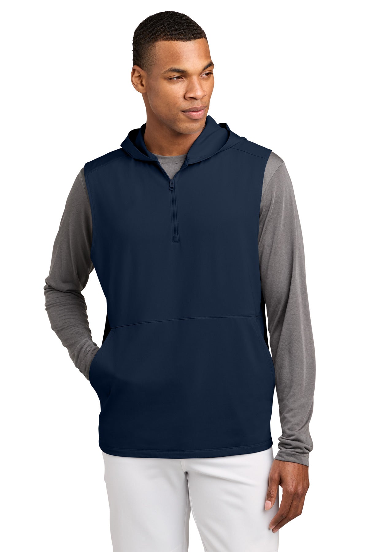 Custom True Navy Stretch Sleeveless Hooded 1/4-Zip ST858, personalized by SanCanDo Swag in Argyle, TX