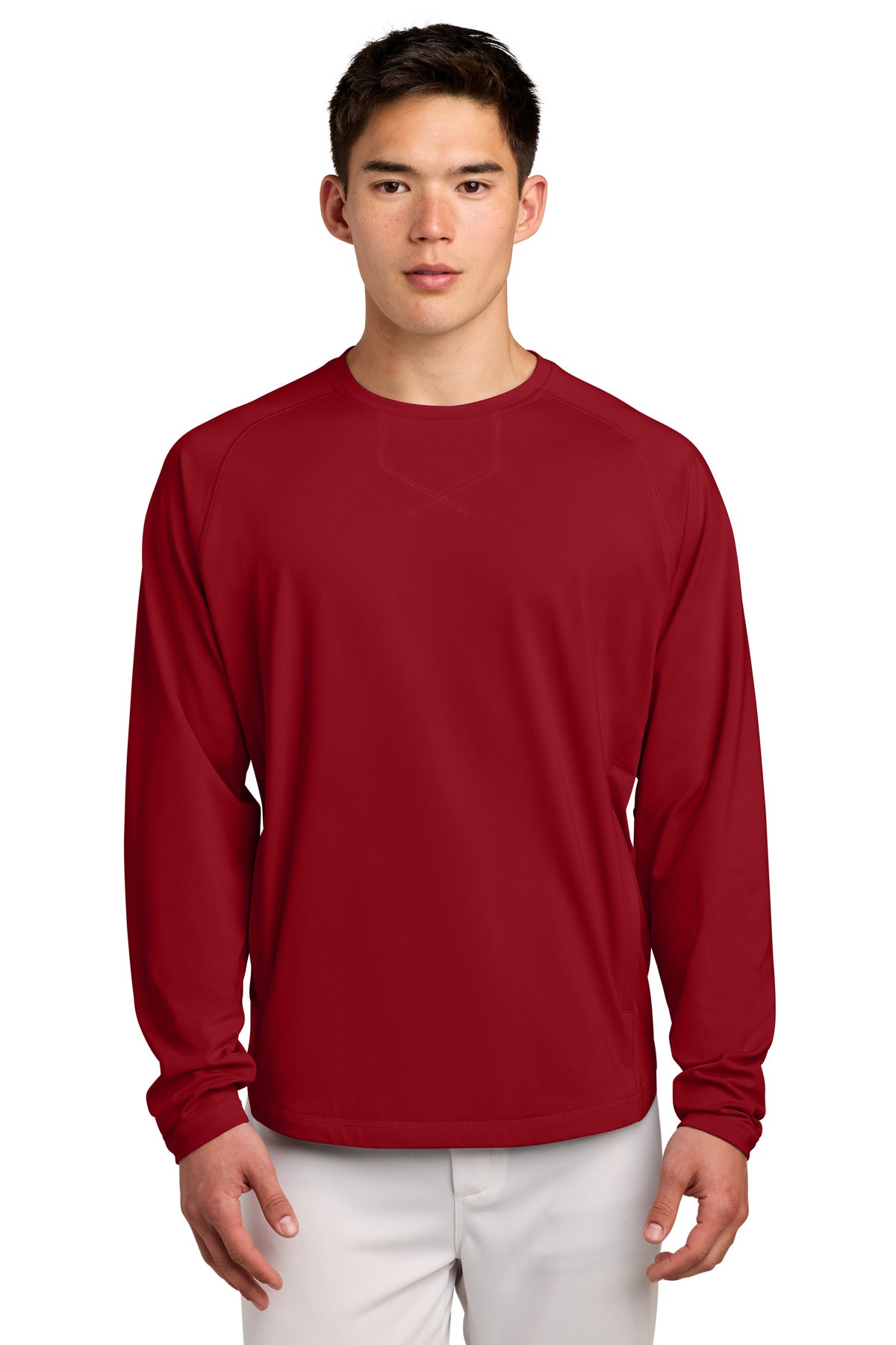 Custom Deep Red Sport-Wick Stretch Pocketed Crewneck ST859, personalized by SanCanDo Swag in Argyle, TX