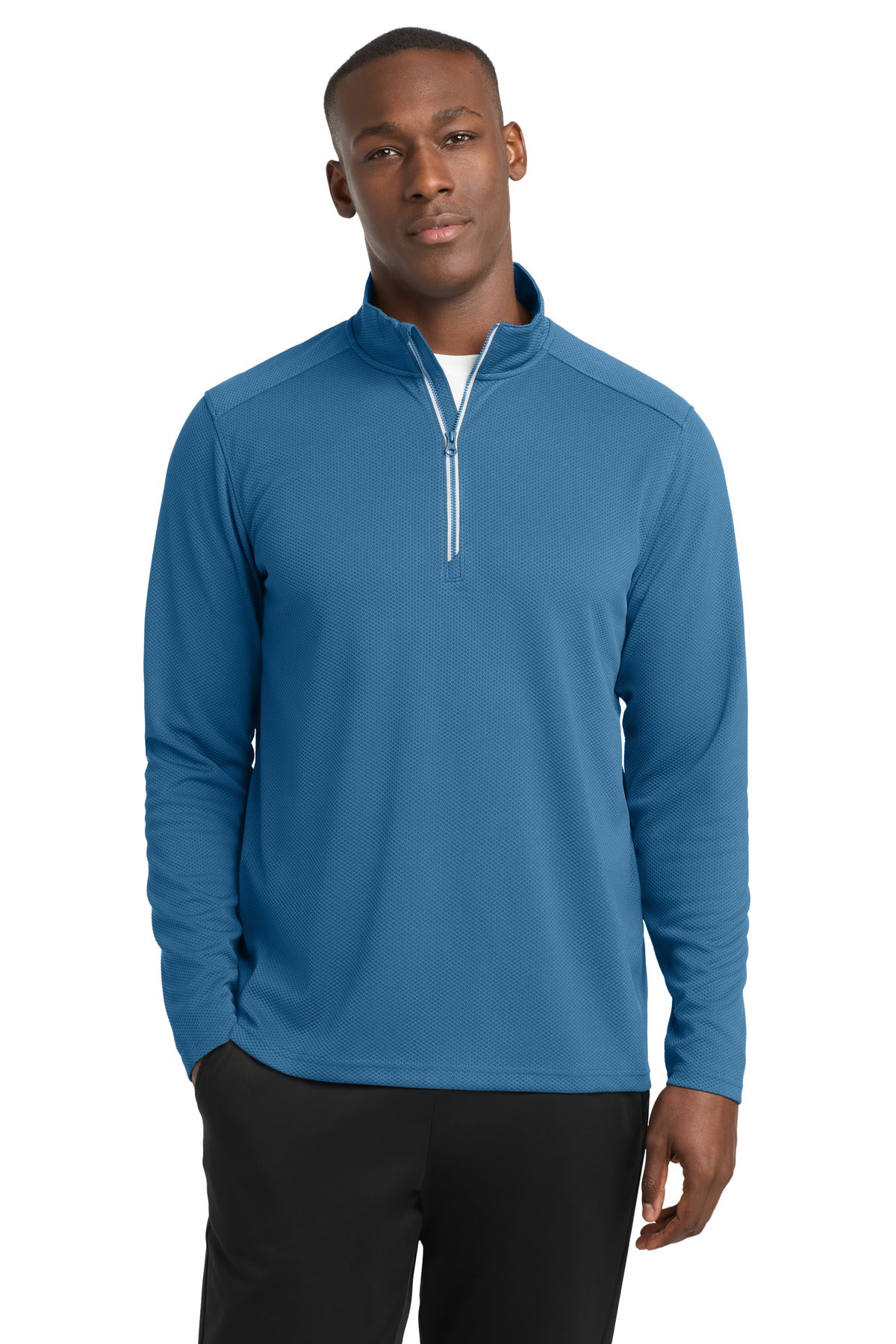 Custom Dawn Blue Sport-Wick Textured 1/4-Zip Pullover ST860, personalized by SanCanDo Swag in Argyle, TX