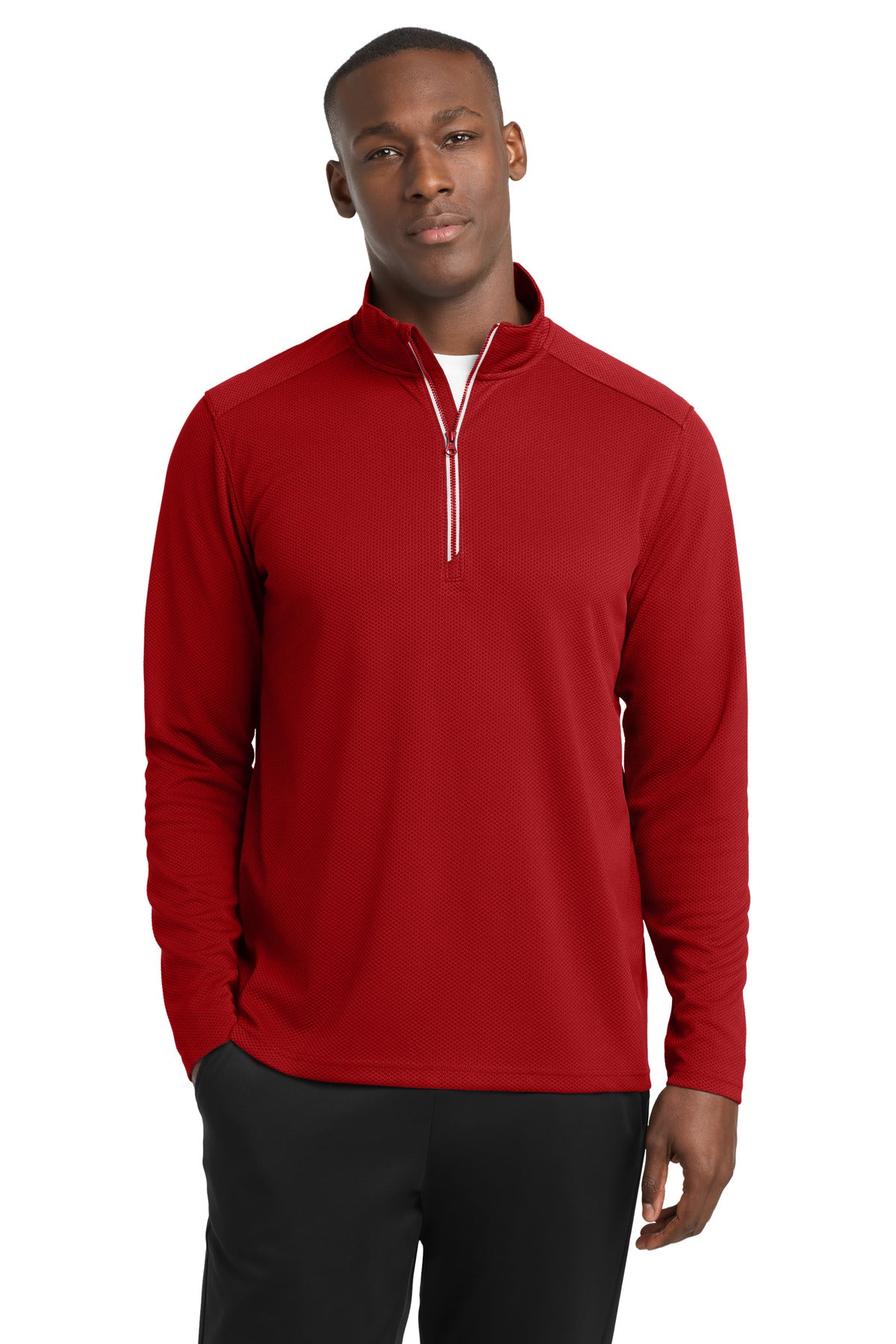 Custom Deep Red Sport-Wick Textured 1/4-Zip Pullover ST860, personalized by SanCanDo Swag in Argyle, TX