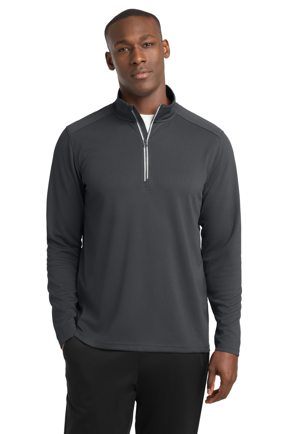 Custom Iron Grey Sport-Wick Textured 1/4-Zip Pullover ST860, personalized by SanCanDo Swag in Argyle, TX
