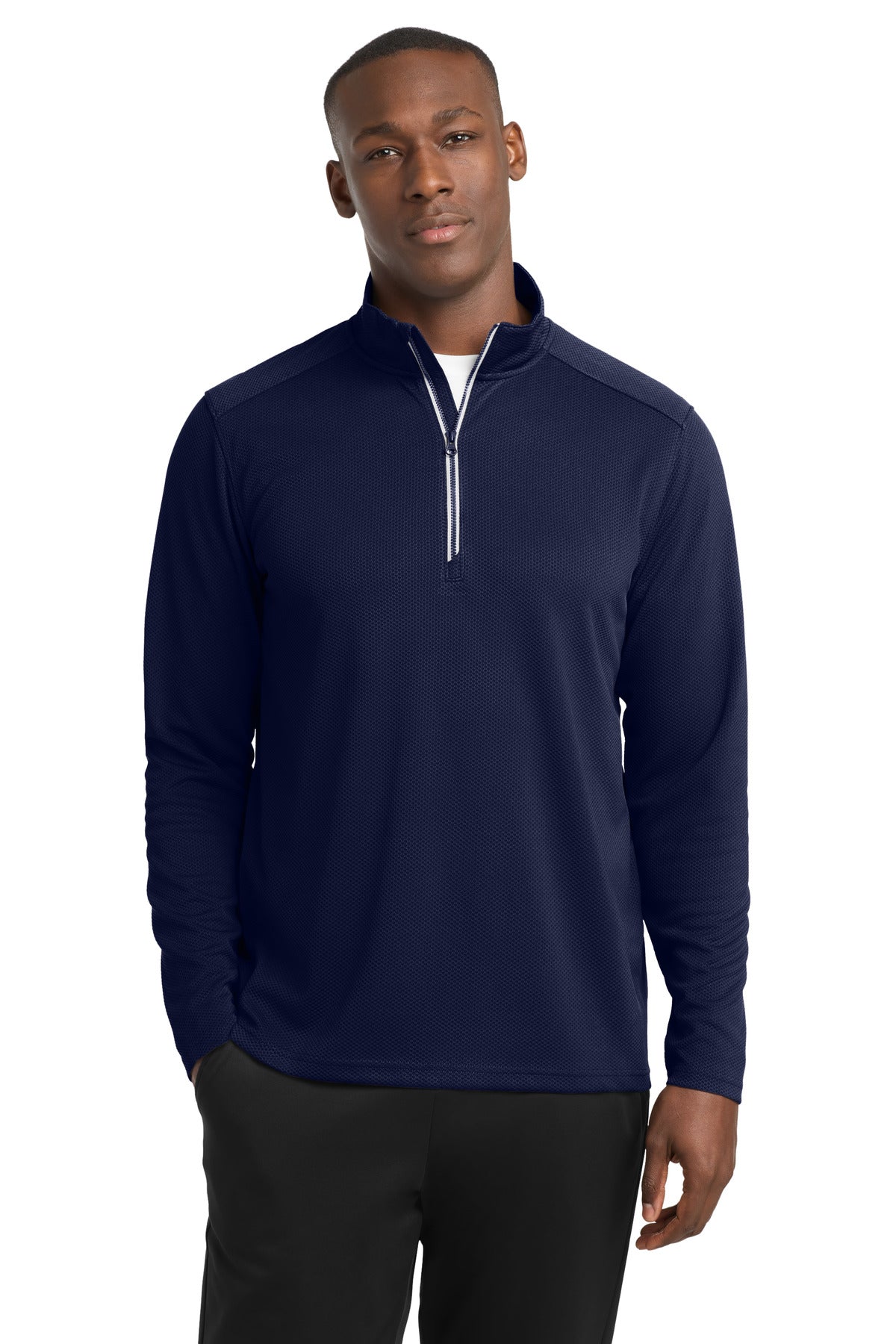 Custom True Navy Sport-Wick Textured 1/4-Zip Pullover ST860, personalized by SanCanDo Swag in Argyle, TX
