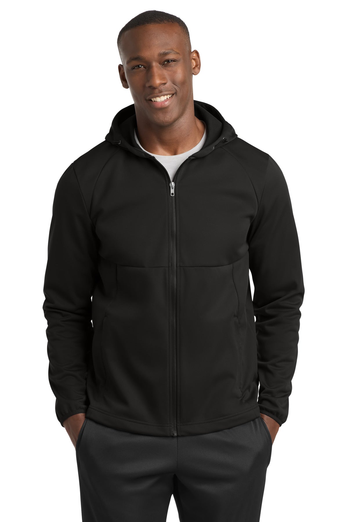 Custom Deep Black Hooded Soft Shell Jacket ST980, personalized by SanCanDo Swag in Argyle, TX