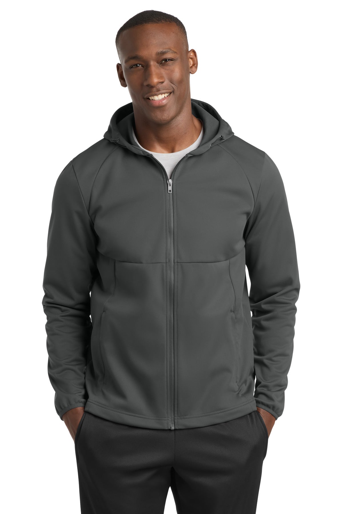 Custom Graphite Hooded Soft Shell Jacket ST980, personalized by SanCanDo Swag in Argyle, TX