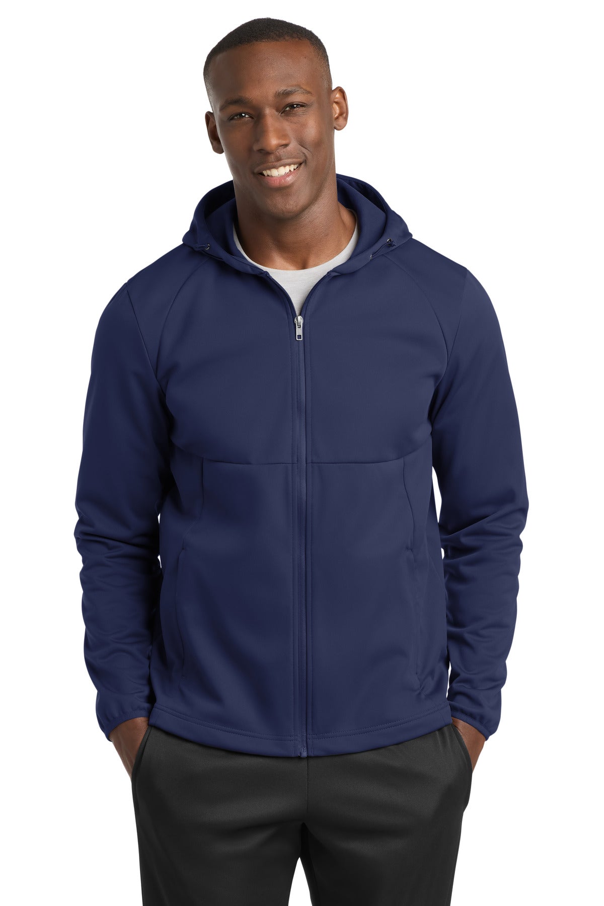 Custom True Navy Hooded Soft Shell Jacket ST980, personalized by SanCanDo Swag in Argyle, TX
