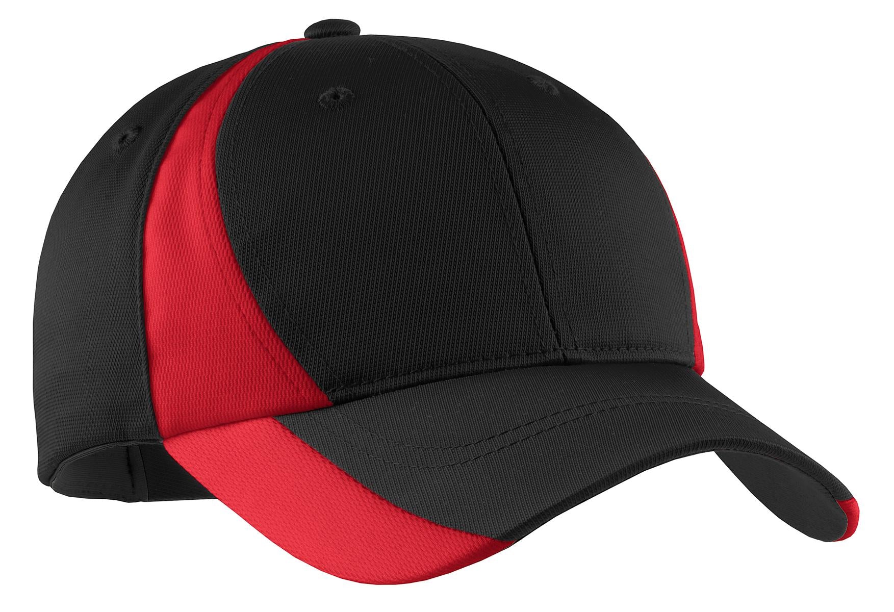 Custom Black/ True Red Dry Zone Nylon Colorblock Cap STC11, personalized by SanCanDo Swag in Argyle, TX
