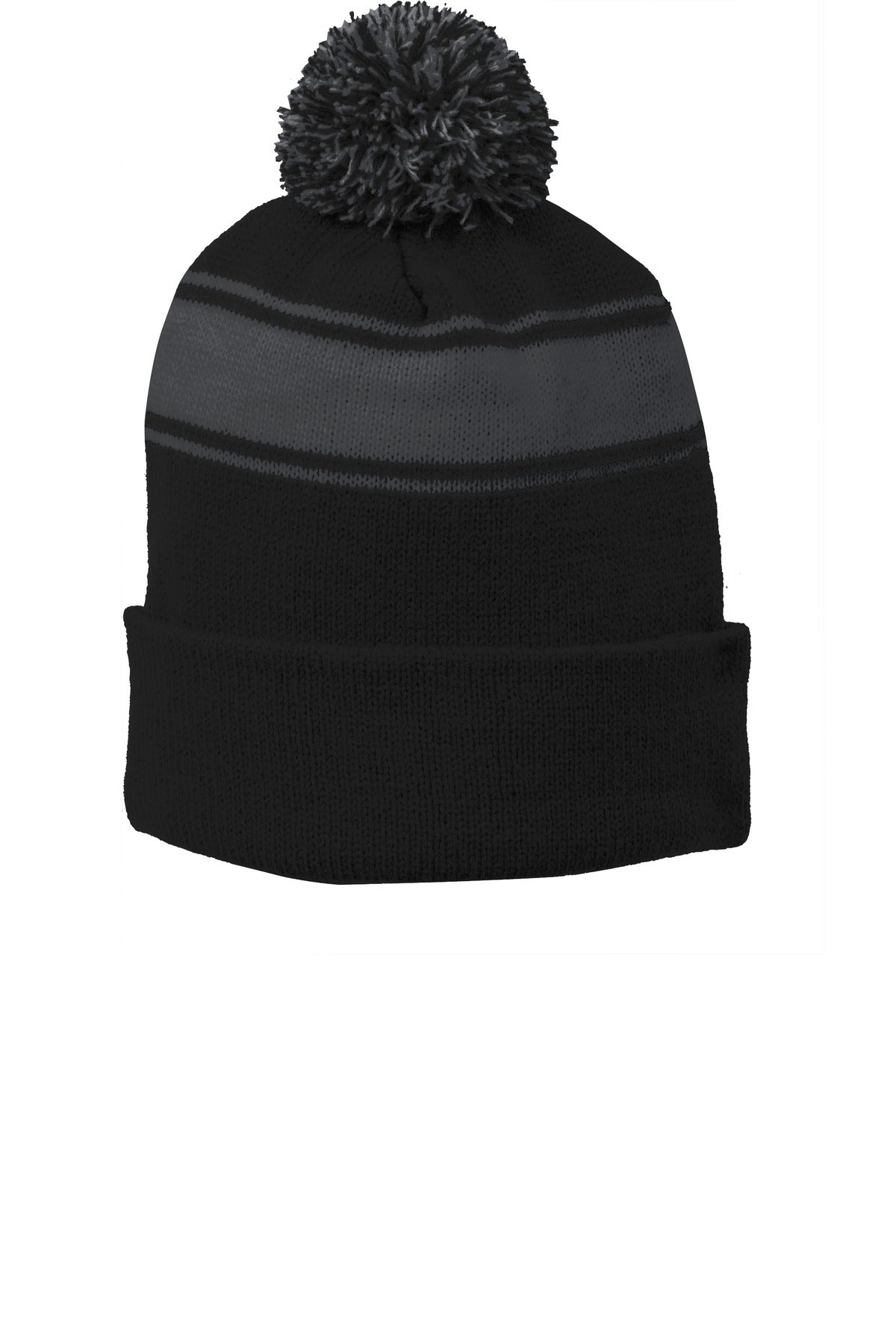Custom Black/ Iron Grey Stripe Pom Pom Beanie STC28, personalized by SanCanDo Swag in Argyle, TX