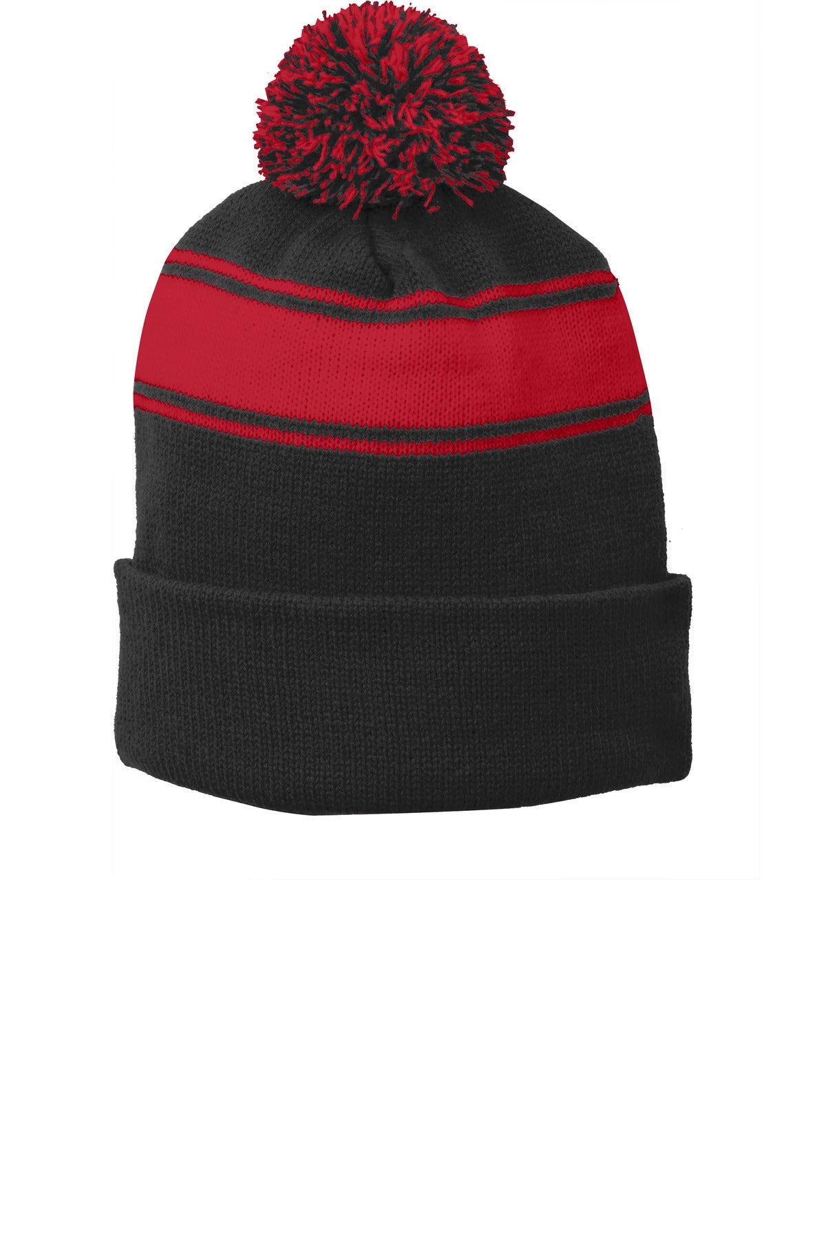 Custom Black/ True Red Stripe Pom Pom Beanie STC28, personalized by SanCanDo Swag in Argyle, TX