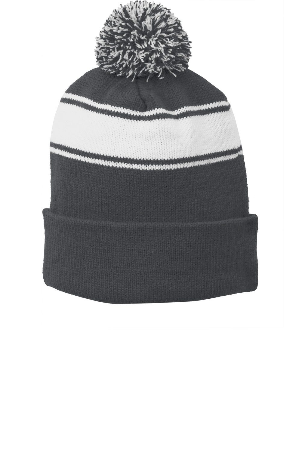 Custom Iron Grey/ White Stripe Pom Pom Beanie STC28, personalized by SanCanDo Swag in Argyle, TX