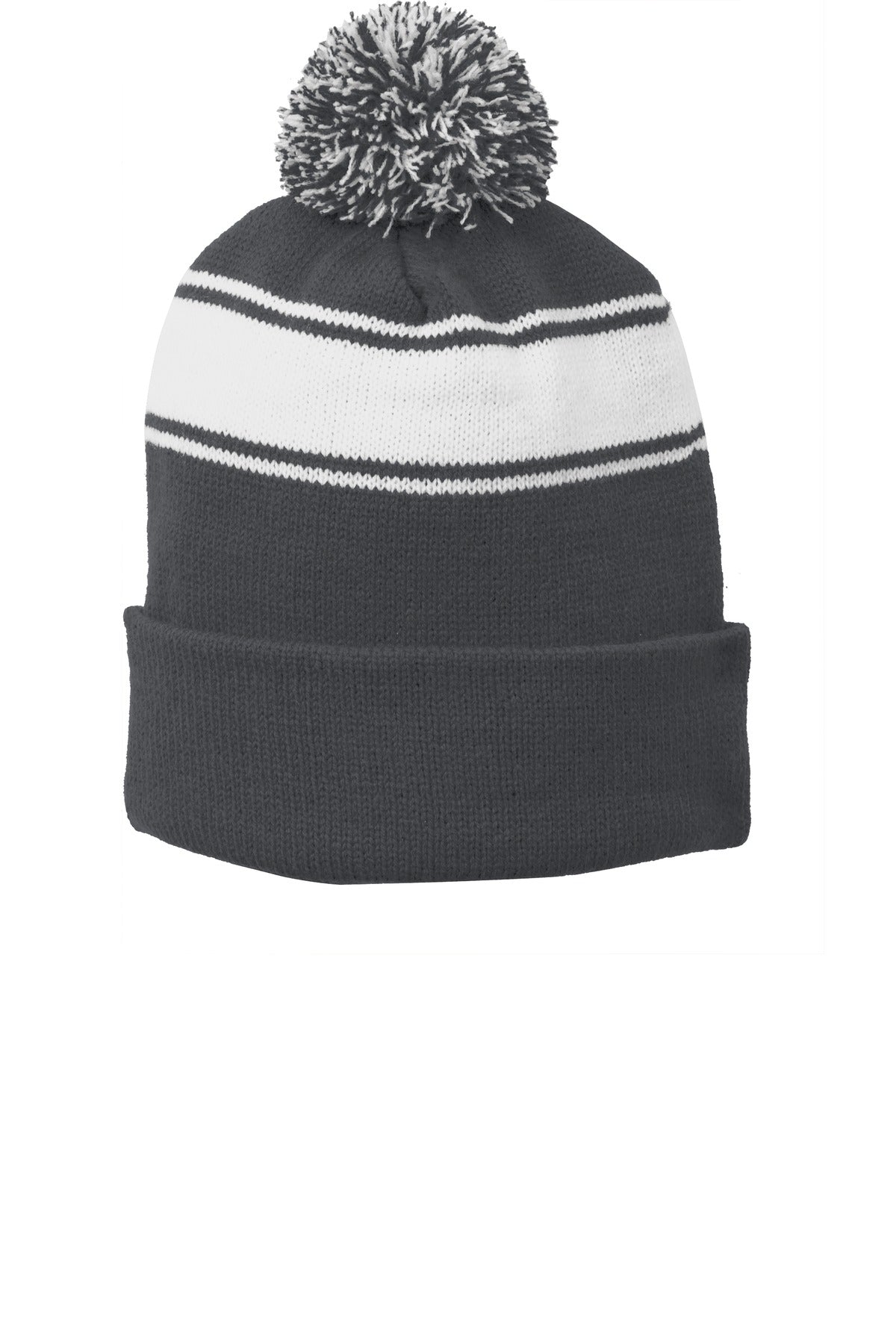 Custom Iron Grey/ White Stripe Pom Pom Beanie STC28, personalized by SanCanDo Swag in Argyle, TX